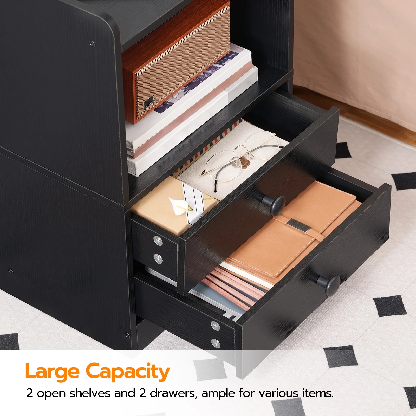 HOOBRO Set of 2 Nightstand with Charging Station and LED Light Strip Side Table with 2 Drawers Bedroom Cloakroom Black BK28UDBZP201