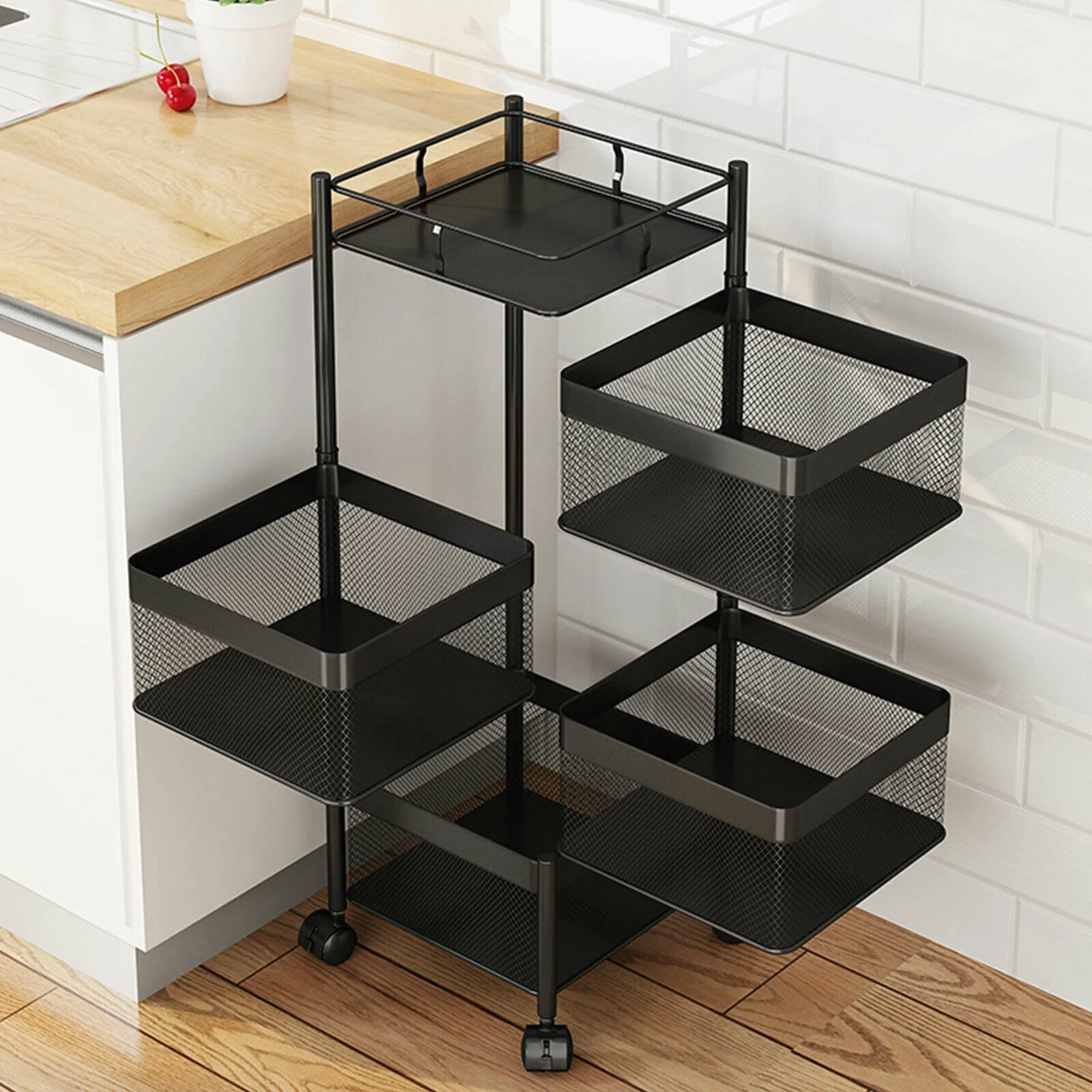 SHZICMY 4 Layer Storage Rack Kitchen Square Rotating Storage Baskets Floor-Standing Kitchen Shelf
