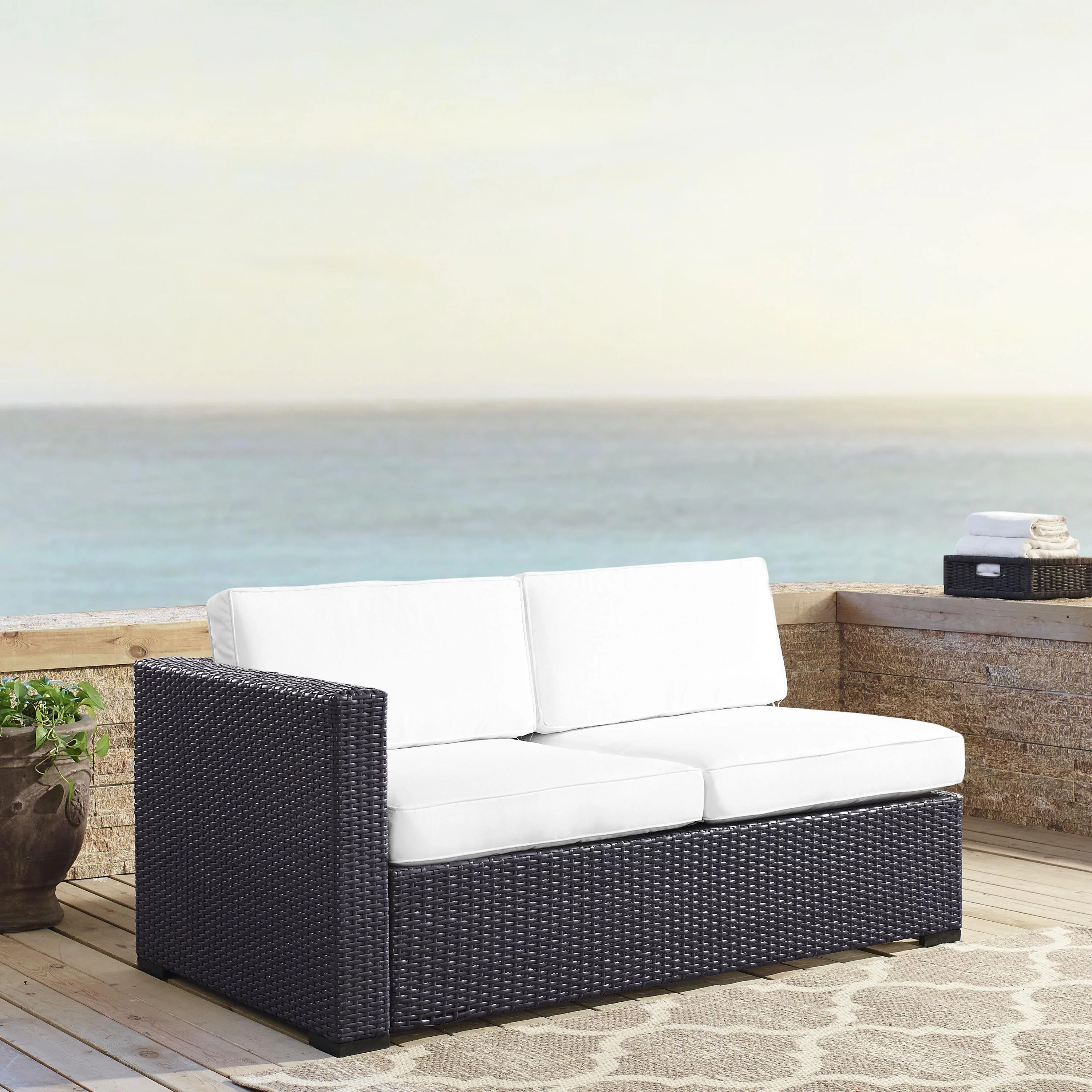 Crosley Furniture Biscayne Wicker / Rattan Patio Loveseat in Brown and White