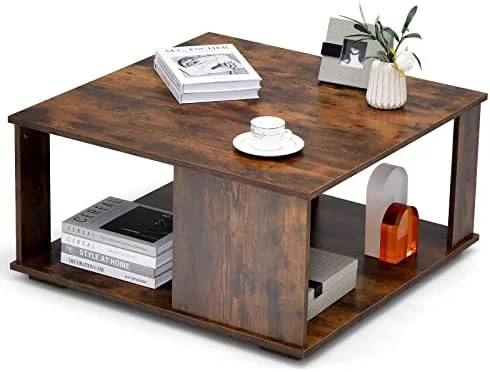 xrboomlife 32\u201D Square Coffee Table  2-Tier Wooden Table with    Industrial Home Accent Table  Mid-Century Center Table Ideal for Living Room  Study Room(Rustic Brown)