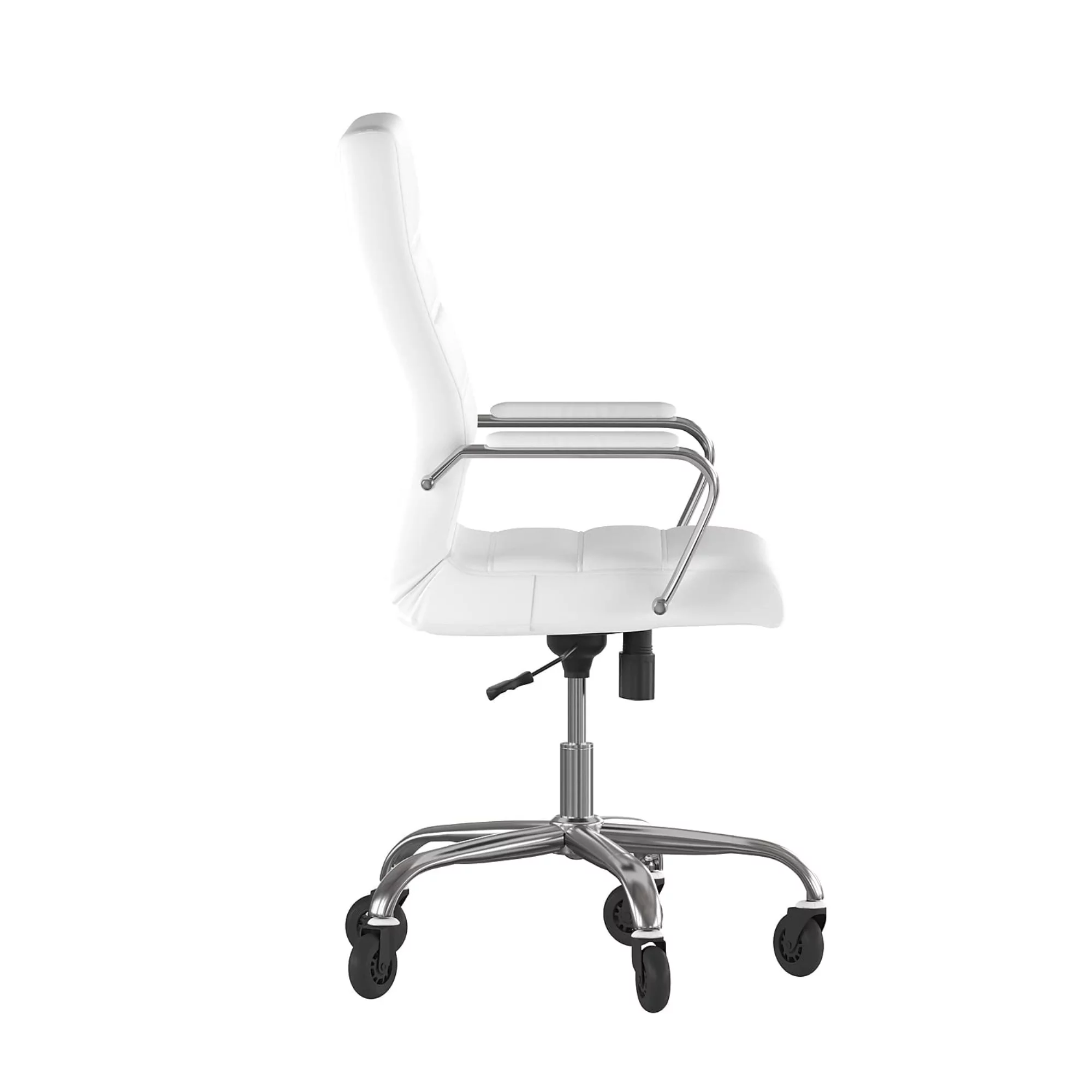 Whitney High Back White LeatherSoft Executive Swivel Office Chair with Chrome Frame, Arms, and Transparent Roller Wheels