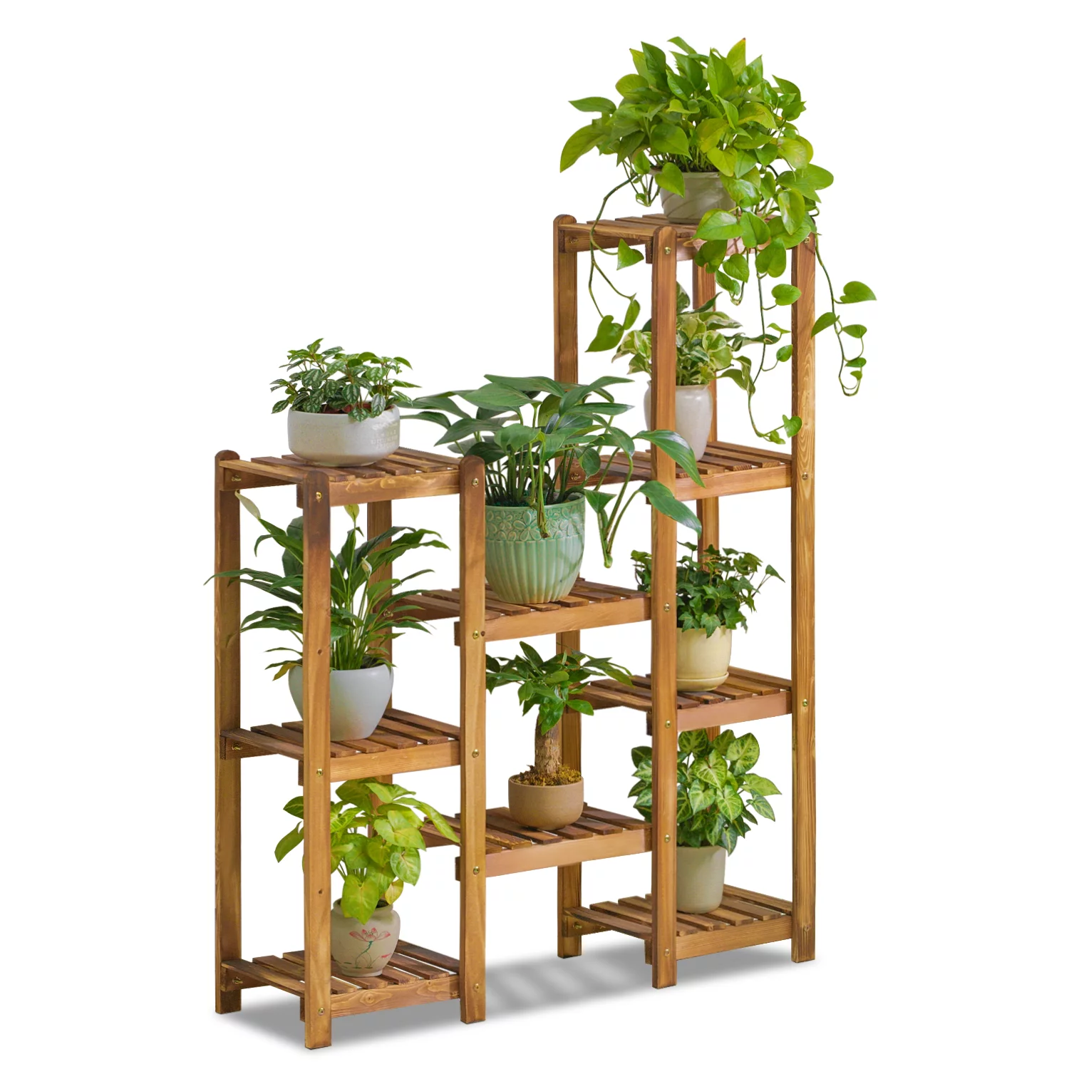Magshion Wood 7 Tiers Modern Plant Stand, Flower Storage Shelf Rack, Carbonized, for Garden
