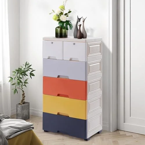 CDHJKKB Plastic Drawers Dresser   Cabinet with 5 Drawers  Closet Drawers Tall Dresser Organizer with 4 Wheels for Clothes  Playroom  Bedroom   18"x12"x33" - Morandi