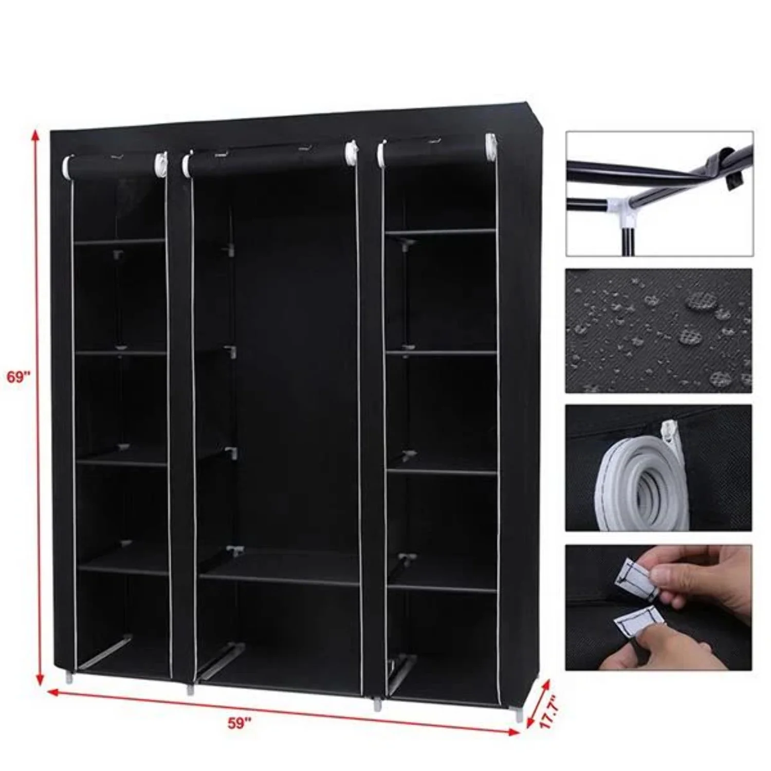 69 Portable Clothes Closet Wardrobe Storage Organizer with Non-Woven Fabric Quick and Easy to Assemble Extra Strong and Durable Black