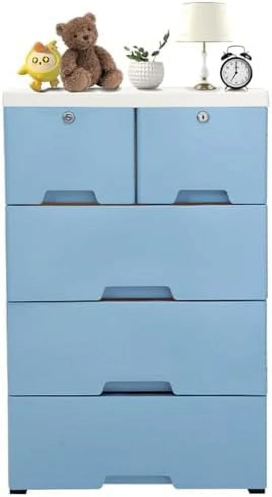 CHNBVC 5 Drawer Plastic Dresser   Cabinet with 4 Wheel   Bedroom  Organizer Plastic Cabinet  High Capacity Drawer  Cabinet  Closet Organizer Unit with Keys (Blue)