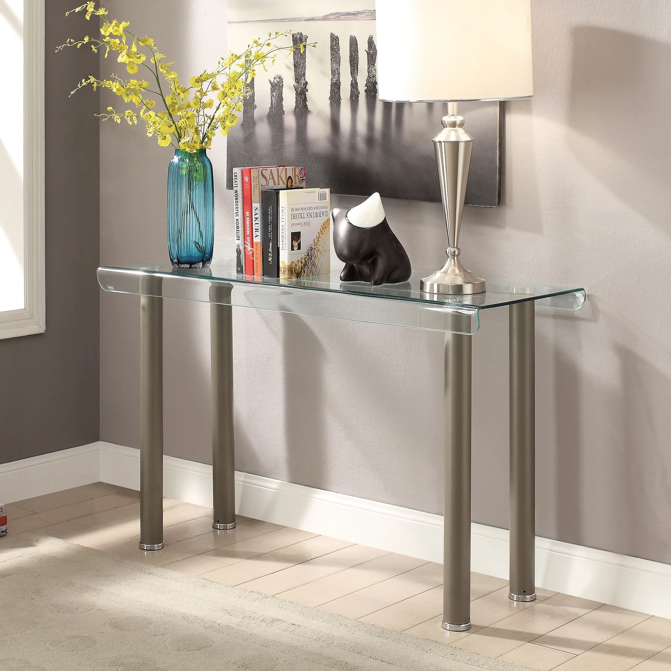 Furniture of America Ramey Glass Top Sofa Table, Champagne