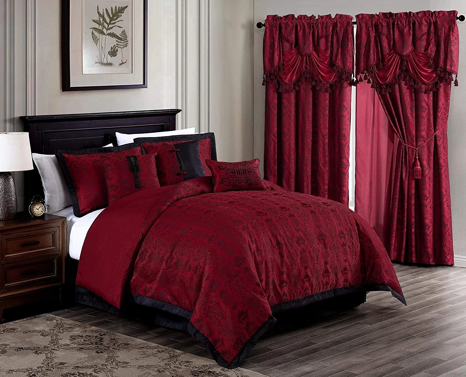 Noble 7-Piece Oriental Red Black Jacquard Comforter Set, King Size