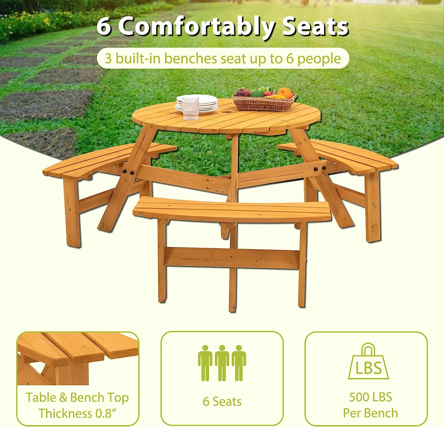 Shinpt 6-Person Picnic Table Set for Patio, Circular Wooden Picnic Table w/ 3 Built-in Benches and 1720lb load capacity, Patio Camping Dining Table Chair Set, Natural