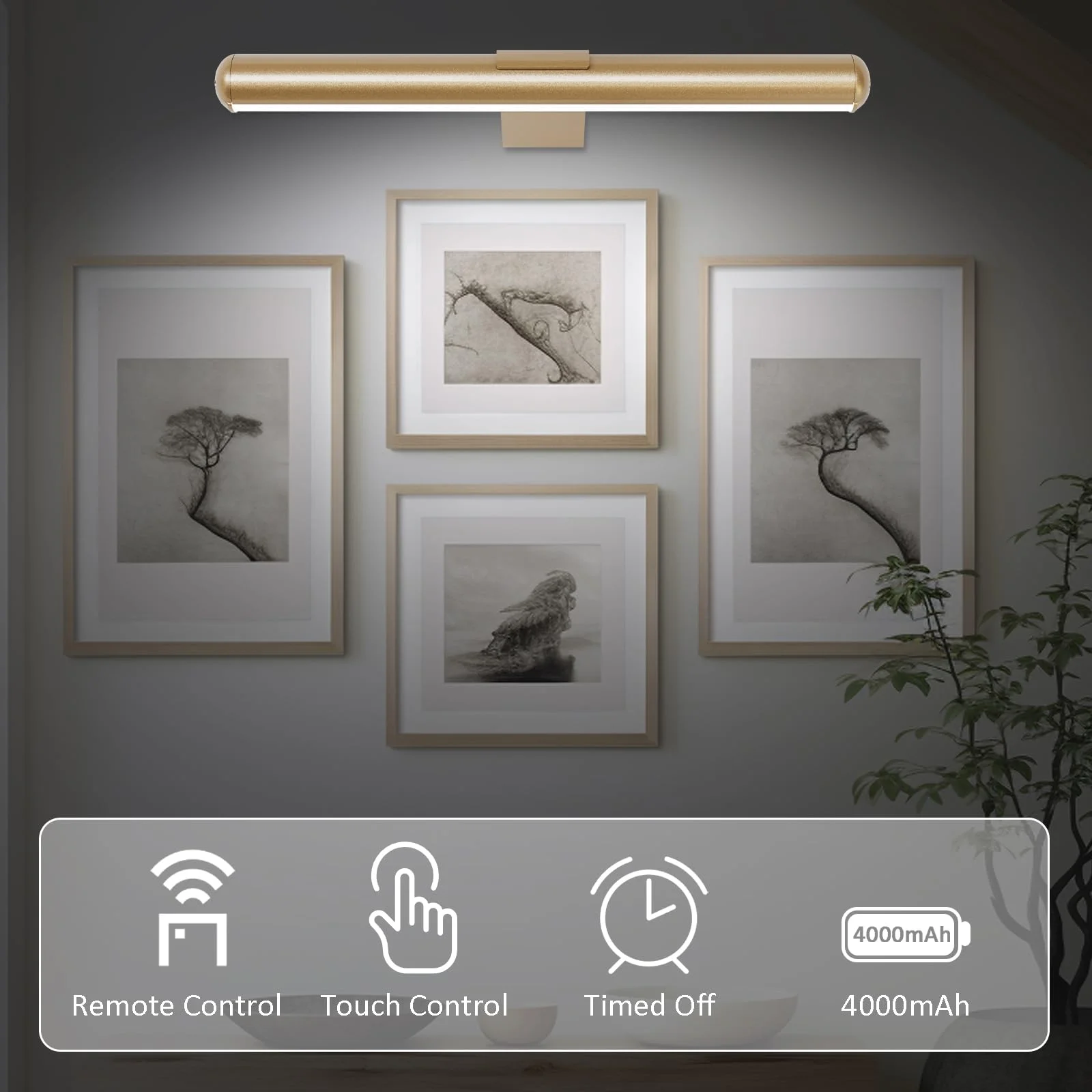 Wireless Picture Lights with Timer, 2 in 1 Rechargeable Battery Painting Light, Display Lamp with 3 Lighting Modes, Picture Lights for Wall, Dart Board Lighting- Gold