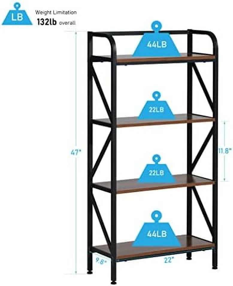 ZFGSUIJN 4 Tier Bookshelf  47" Free Standing Bookcase  Modern Metal Frame Book  for Living Room Home Office  Rustic Brown