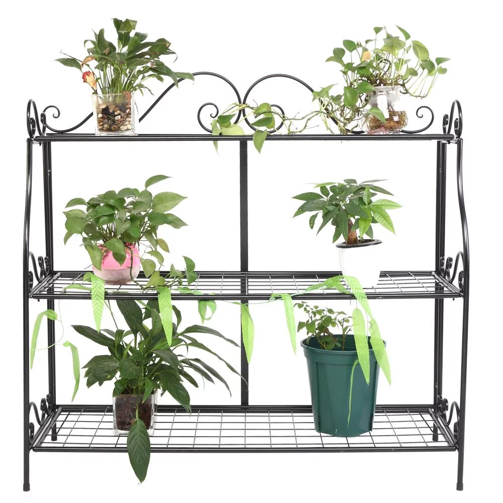 Artisasset 3-Tier Flower Stand Shelf Stainless Steel Flower Pot Flower Display Stand For Balcony Patio Indoor Outdoor Classical European Style, Black