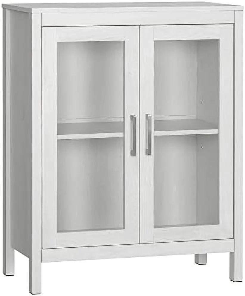HBBOOMLIFE Modern Bathroom Floor Cabinet  Wooden Bathroom Cabinet with Double Glass Doors and Adjustable Shelves  Freestanding  Cabinet for Bathroom  White