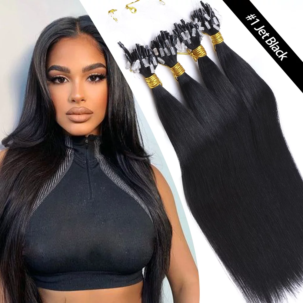SEGO Micro Ring Hair Extensions 100% Human Hair Black Micro Beads Hair Extensions Real Human Hair Remy Natural Human Hair Extensions Micro link Hair 1g/Strand