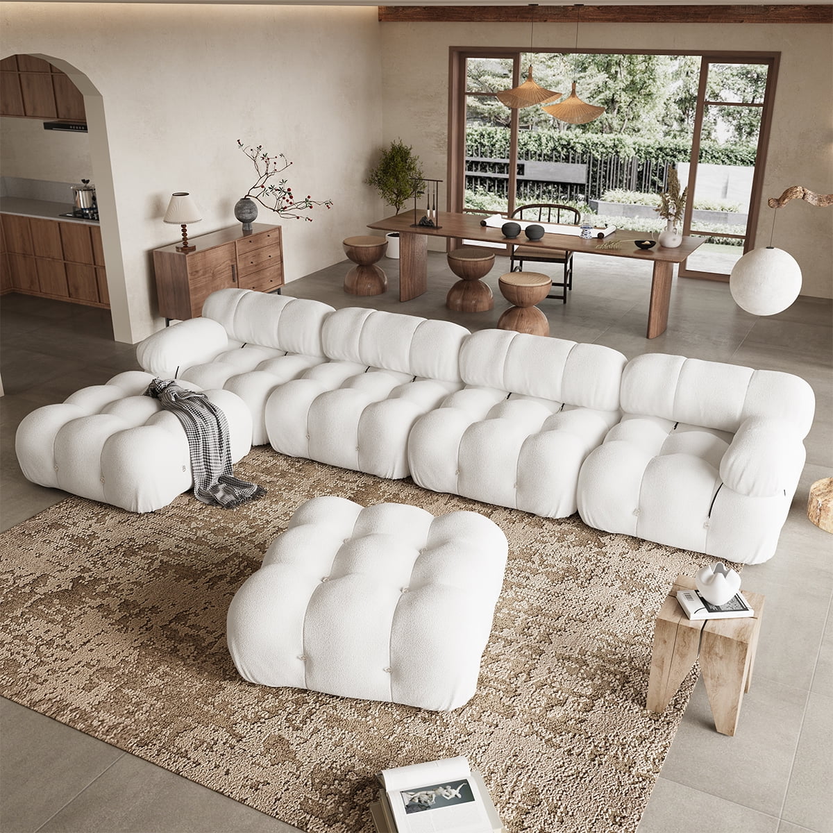 Indecor Home Modular Sectional Sofa, Modern Boucle 4 Seater with Ottoman Convertible Sofas for Living Room White