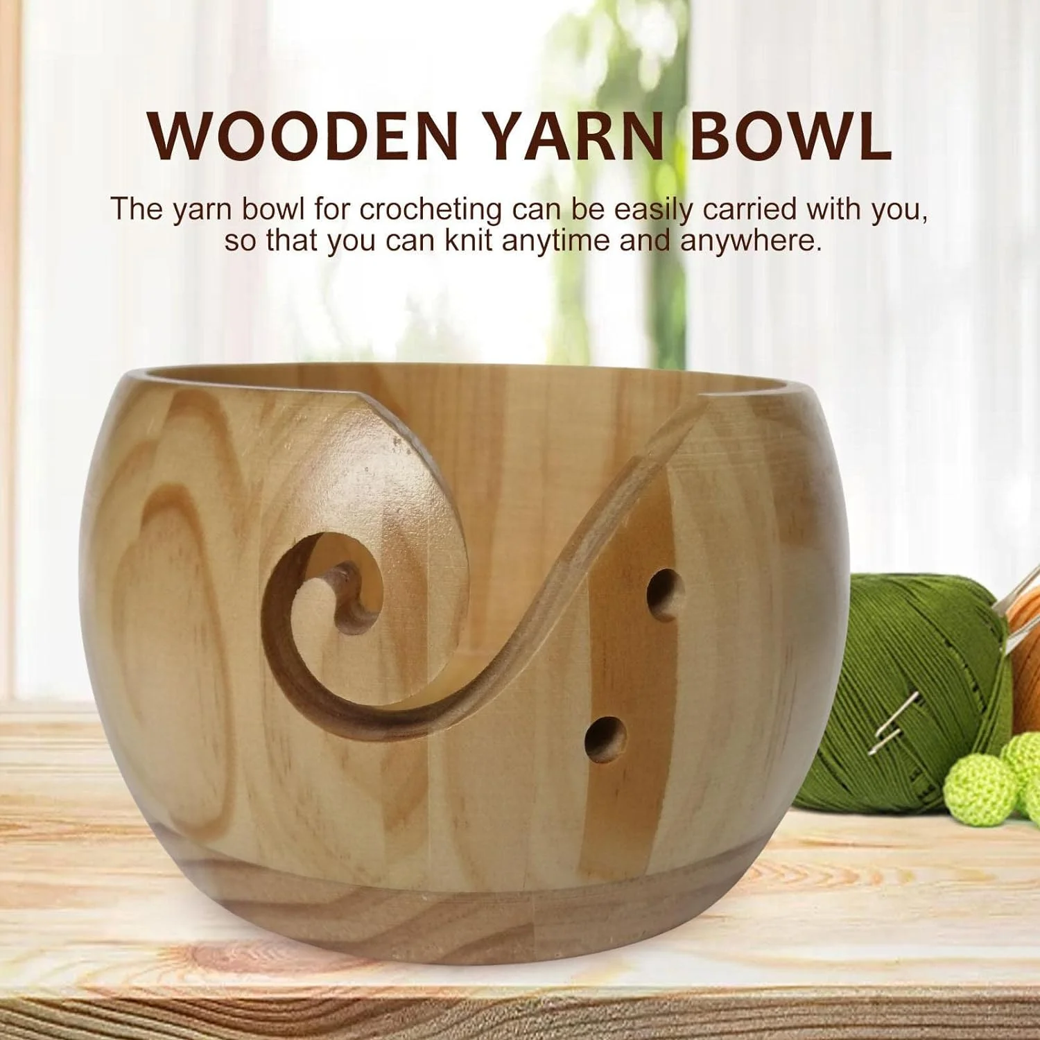 Wooden Yarn Bowl - Crochet Yarn Holder Bowl with Holes - Yarn Bowls for Crocheting - Handmade Round Yarn Storage Organizer Holder for Knitting Lovers and Beginners Gifts
