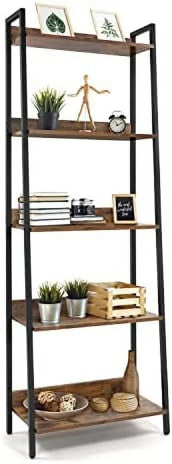 FDSHOIYN 5 Tier Ladder Bookshelf  24 Inch Width Free Standing   Bookcase   Rack Organizer  Industrial Book Shelves for Home Office  Living Room  Kitchen  White  Vintage Shelves