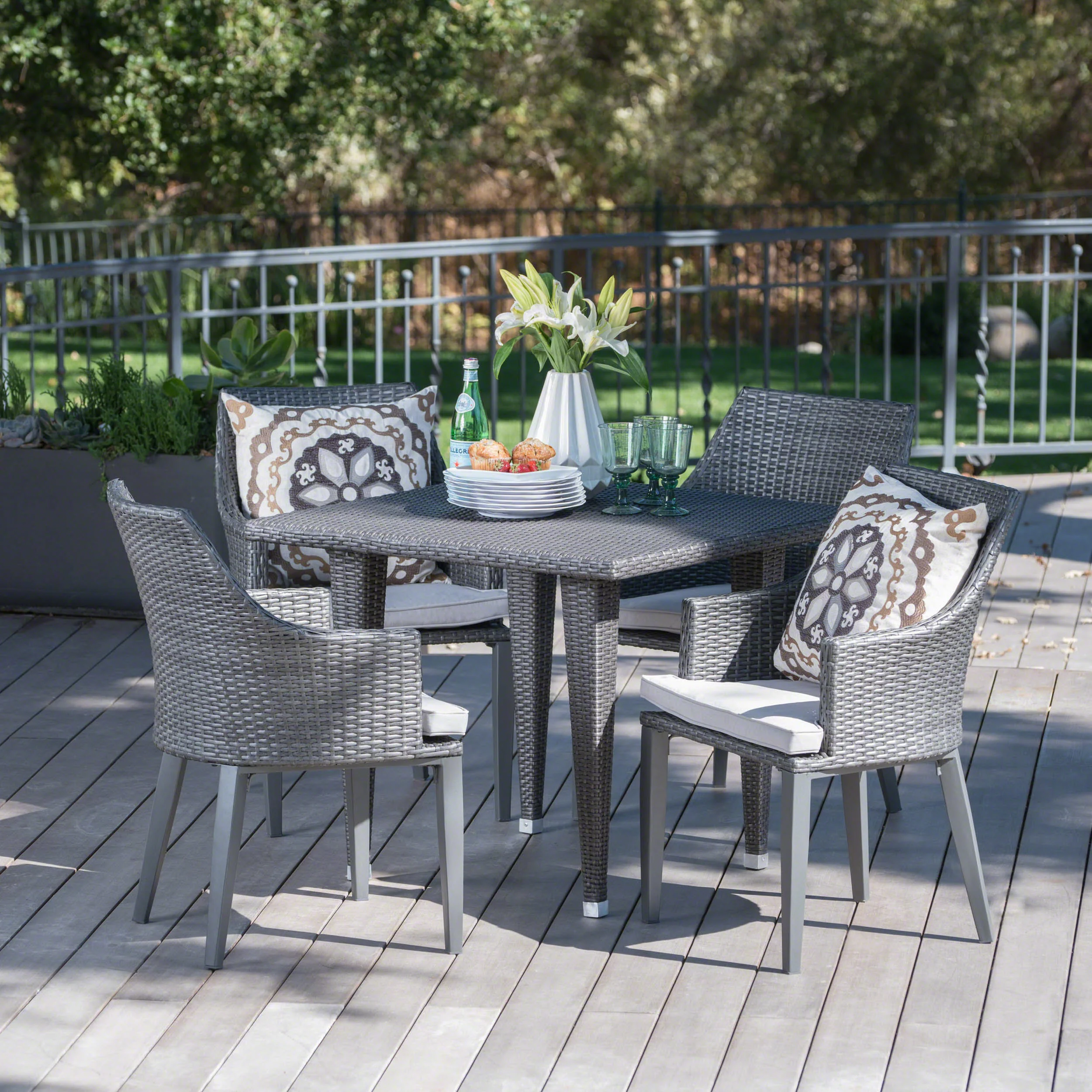 GDF Studio Wos Outdoor Wicker 5 Piece Dining Set with Cushion, Gray and Light Gray