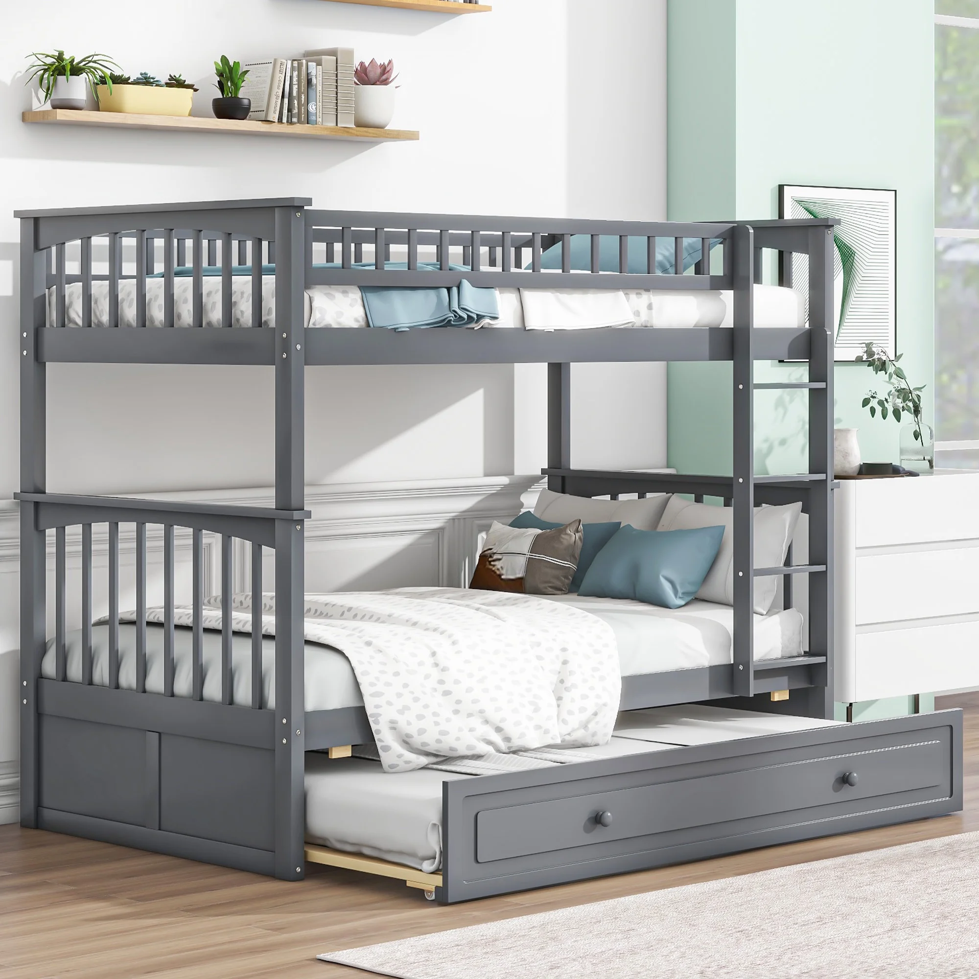 Euroco Twin over Twin Bunk Bed with Trundle for Kids, Convertible 3 Beds in One, Gray