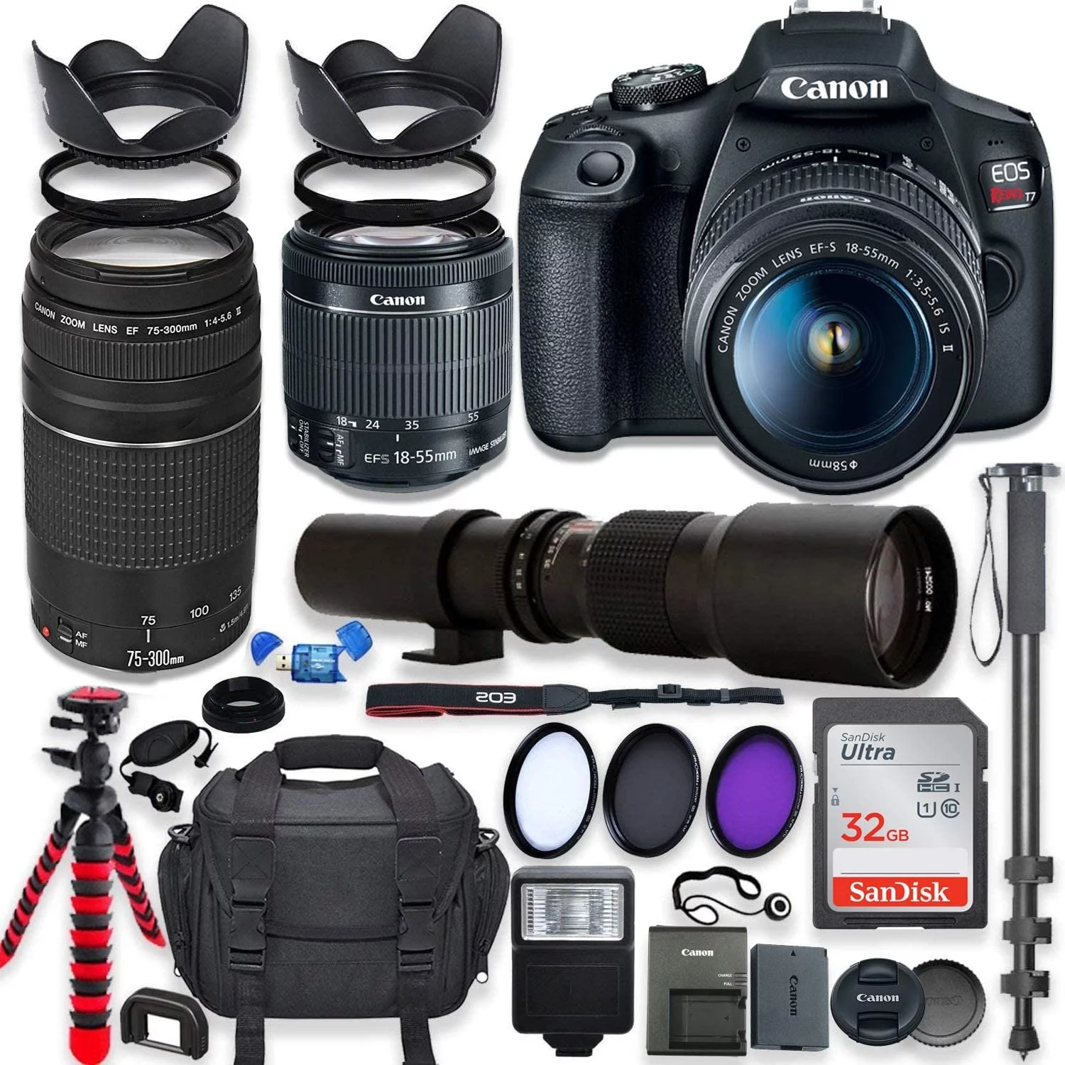 Canon EOS Rebel T7 DSLR Camera with 18-55mm is II Lens Bundle + Canon EF 75-300mm f/4-5.6 III Lens and 500mm Preset Lens + 32GB Memory + Filters + Monopod + Professional Bundle