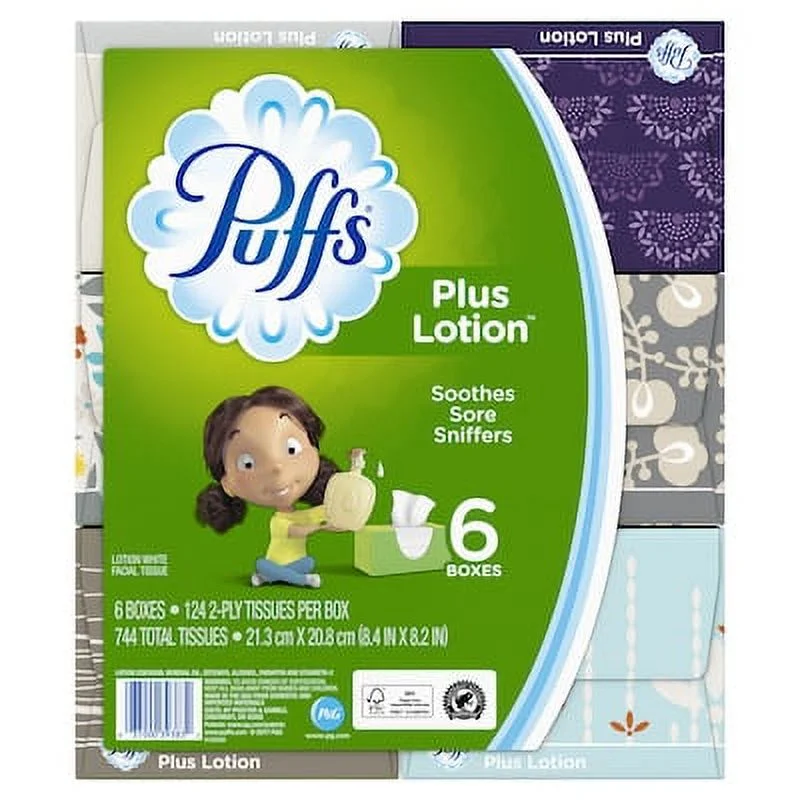 Puffs Plus Lotion Facial Tissue, 2-Ply, 124 Sheets/Box, 6 Boxes/Pack (39383)