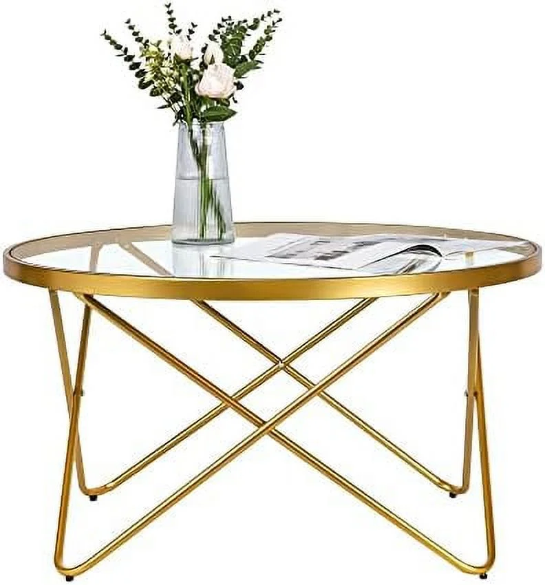 FDXCKJP Round End Table with Clear Glass Golden Legs and Metal Frame  Mid Century Modern  for Small Space Narrow Living Room