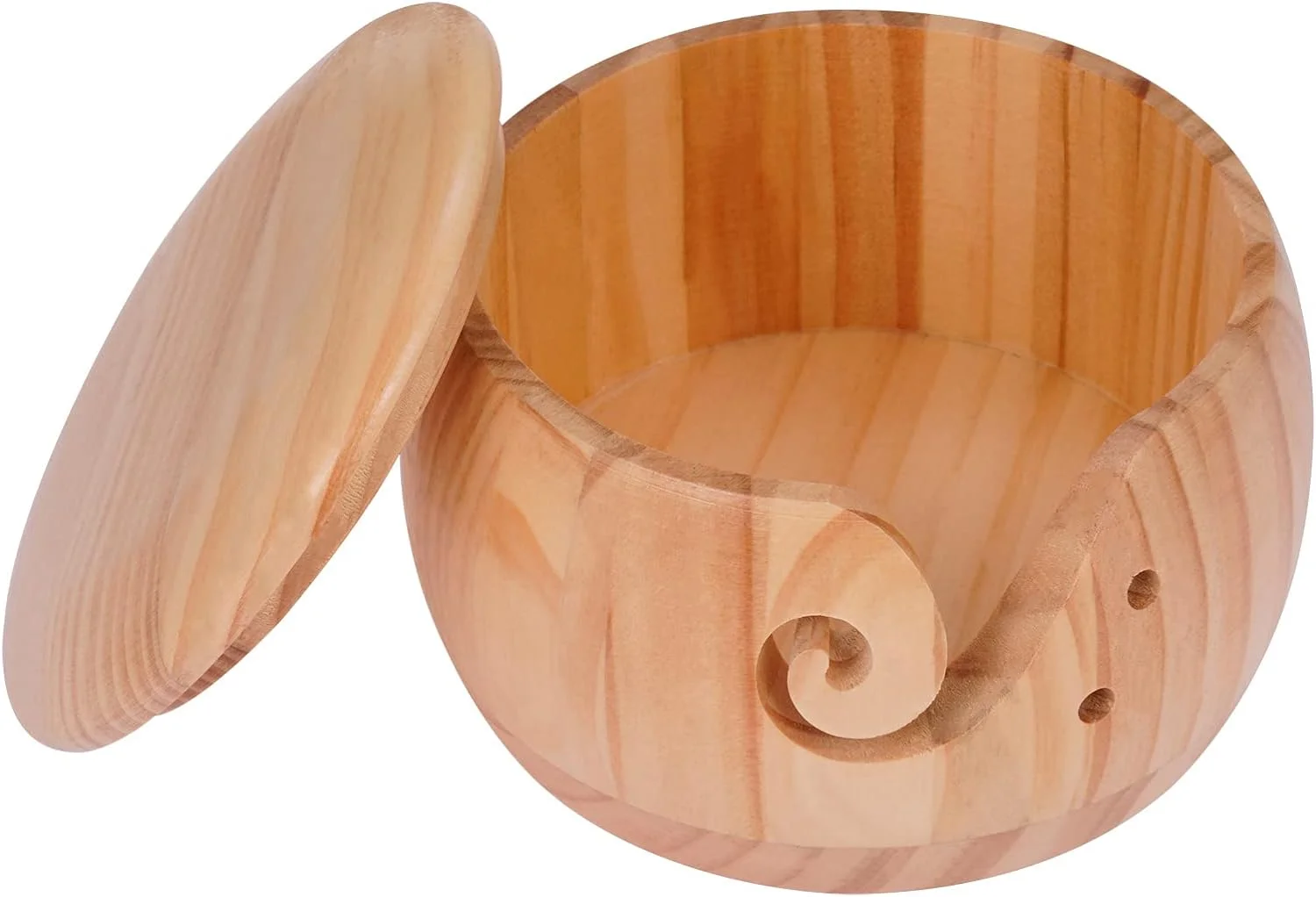Wooden Yarn Storage Bowl, Knitting Wool Holder With Lid And Carved Holes Handmade Crafts, Portable Crochet Hooks Round Basket Organizer For DIY Sewing Crocheting