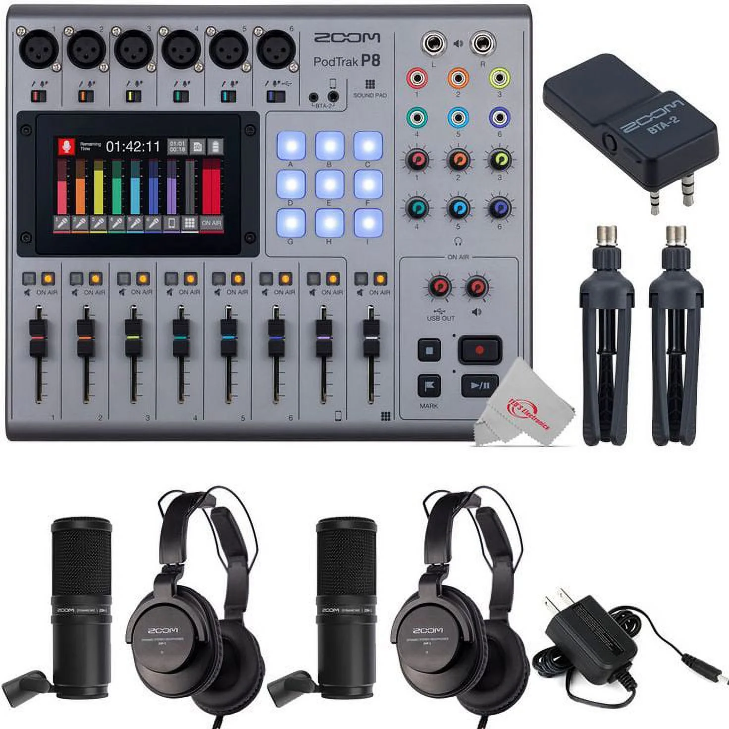 Zoom PodTrak P8 Portable Multitrack Podcast Recorder with 2 Zoom ZDM-1 Mic with BTA-2