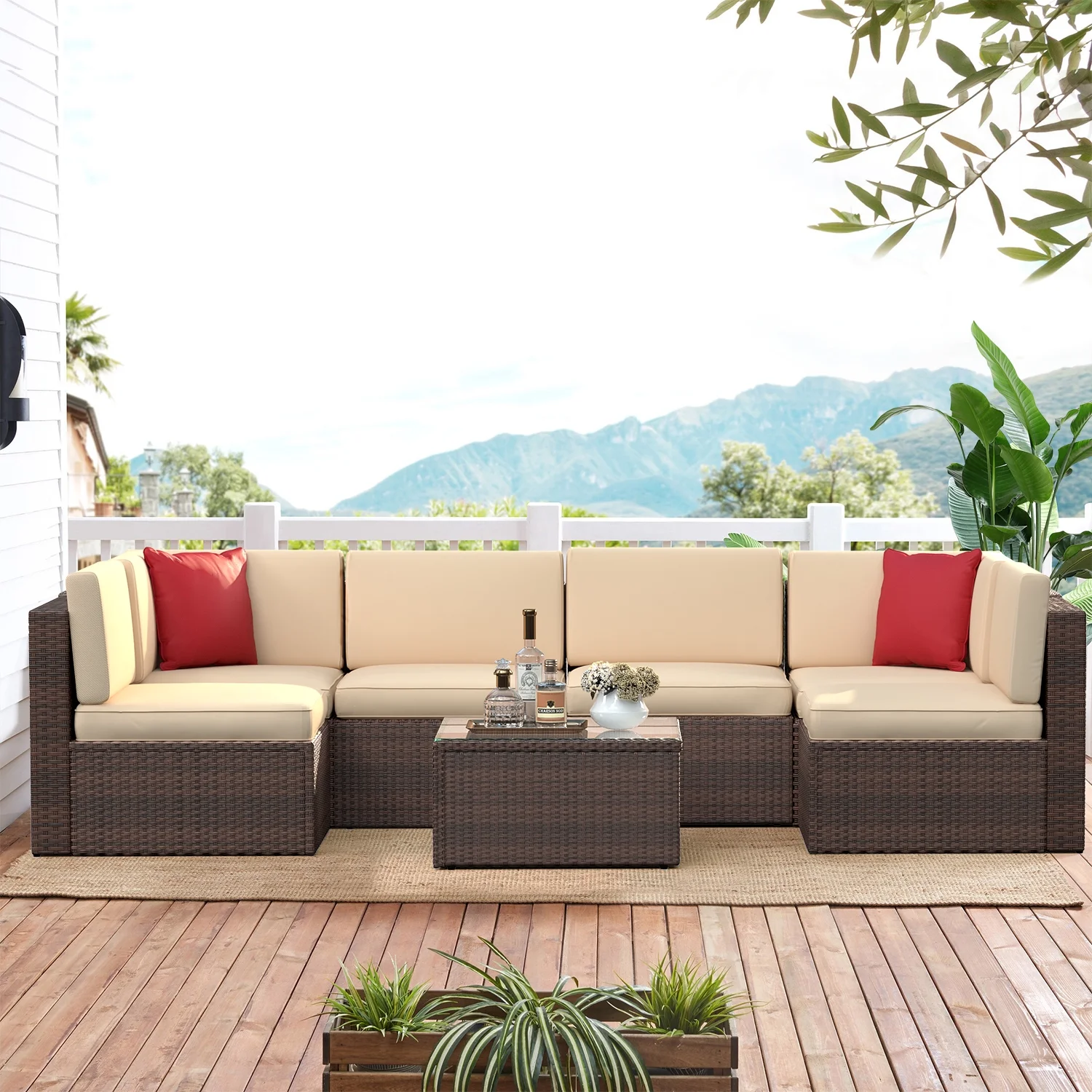 Aoxun 7 Piece Outdoor Patio Conversation Set Outdoor Furniture Sectional Wicker Sofa Set with Beige Cushions