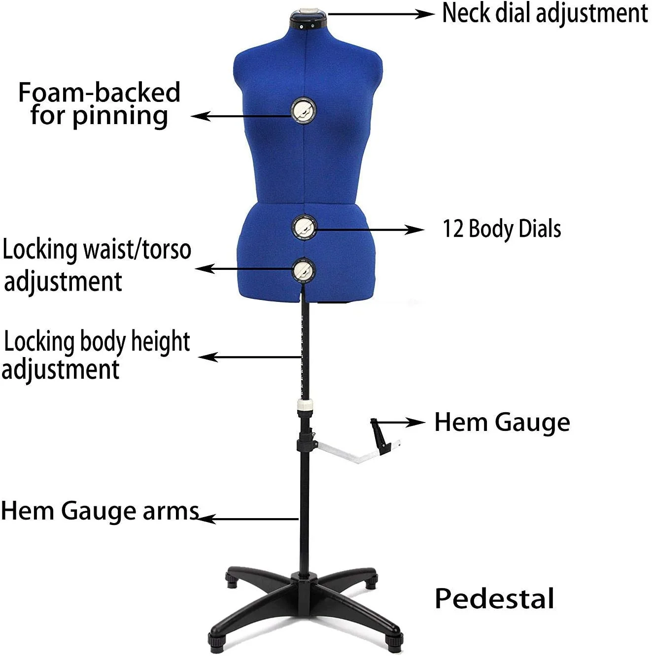Blue 13 Dials Female Fabric Adjustable Mannequin Dress Form for Sewing, Mannequin Body Torso with Stand, Up to 70