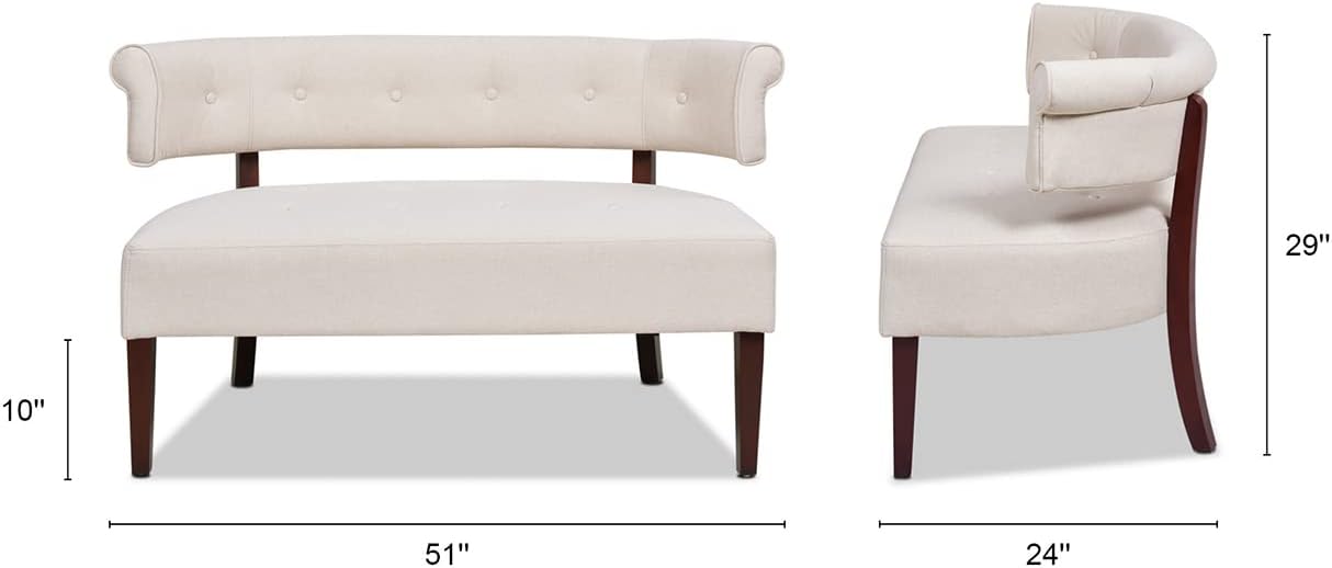 HYUN Celia Roll Arm Tufted Bench Settee, Sky Neutral Beige Polyester