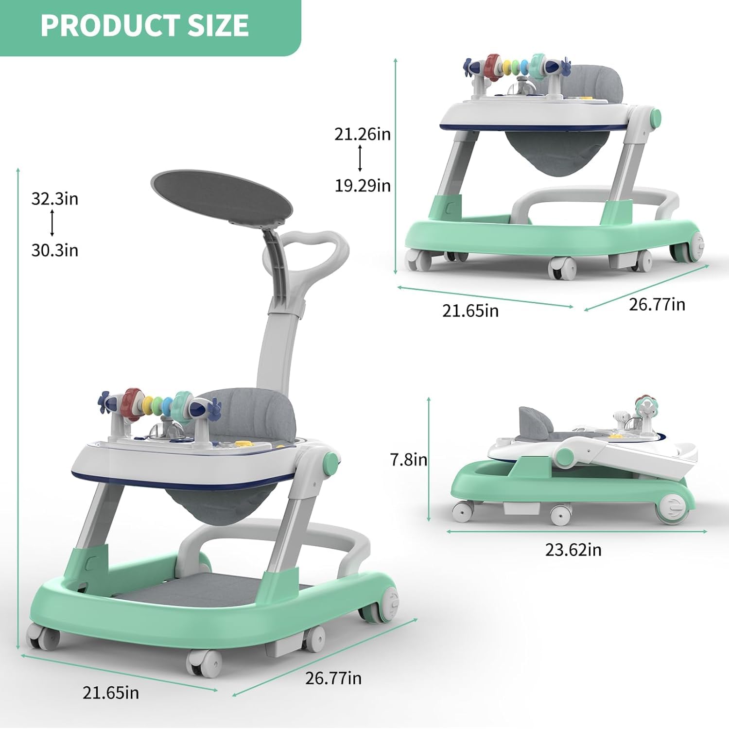 Foldable Baby Walker, Toddler Walker Bouncer, Learning-Seated, Music, Adjustable Height, High Back Padded Seat, Baby Walkers and Activity Center, Baby Walkers for Baby Boys and Baby Girls (Green)