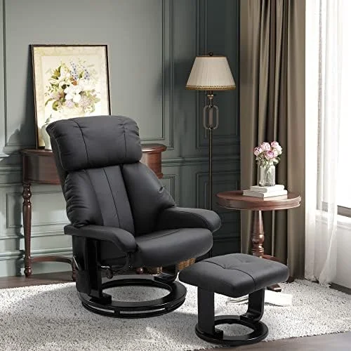 TJUNBOLIFE Recliner with Ottoman Footrest  Recliner Chair with Vibration Massage  Faux Leather and Swivel Wood Base for Living Room and Bedroom  Black