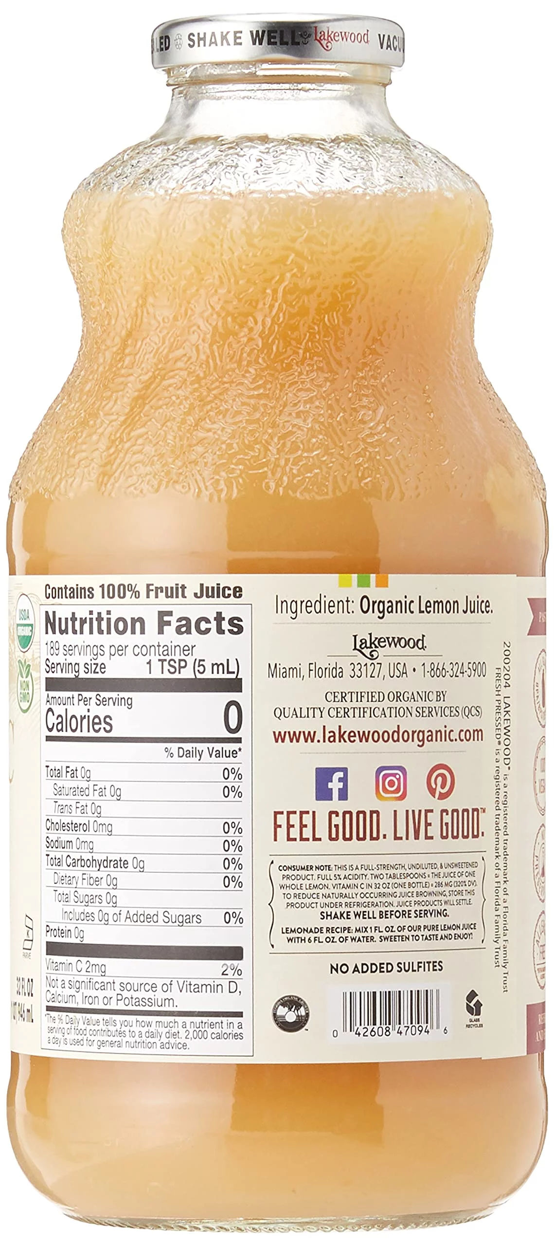 Lakewood Juice Pure Lemon Organic, 32 Oz