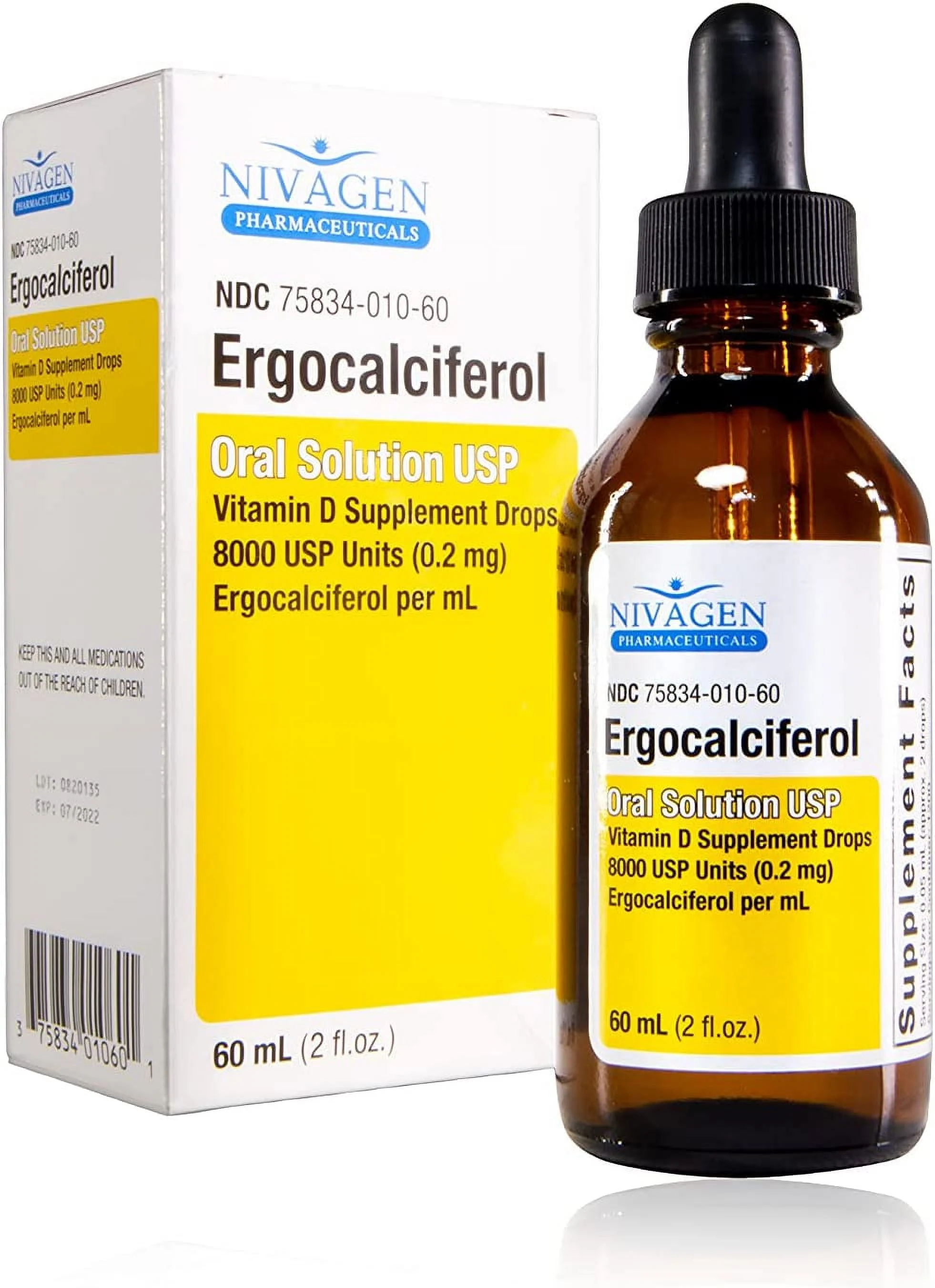 Vitamin D2 Liquid Drops as Ergocalciferol, Faster Absorption, 400iu Vitamin D2 8,000 USP, 1,200 Servings, 60ml - 2 fl.oz.