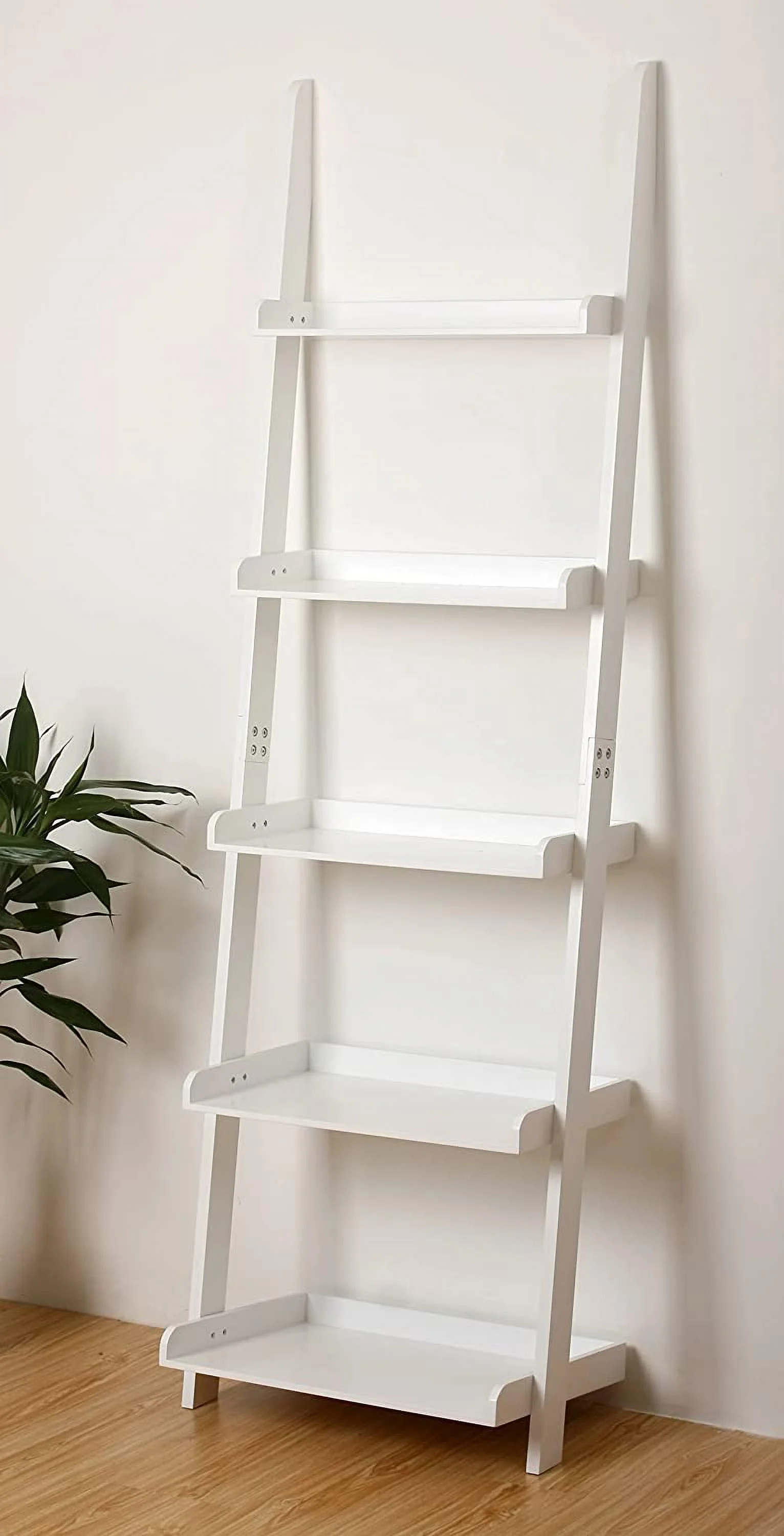 5 Tier Leaning Wall Bookshelf, 70 Inches, White