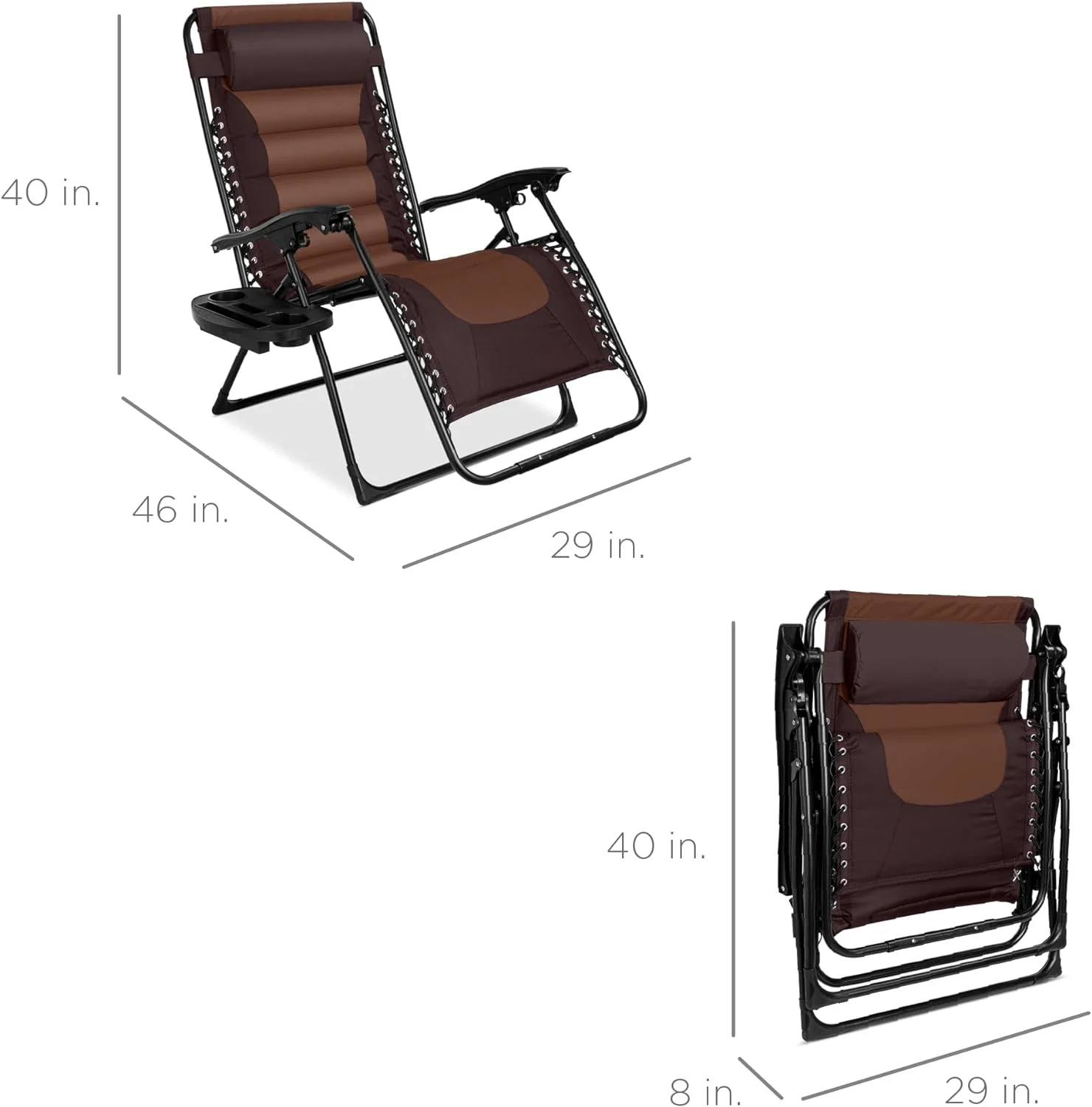 U-SHARE Oversized Padded Zero Gravity Chair, Folding Outdoor Patio Recliner, XL Anti Gravity Lounger for Backyard w/Headrest, Cup Holder, Side Tray, Polyester Mesh - Espresso/Caramel