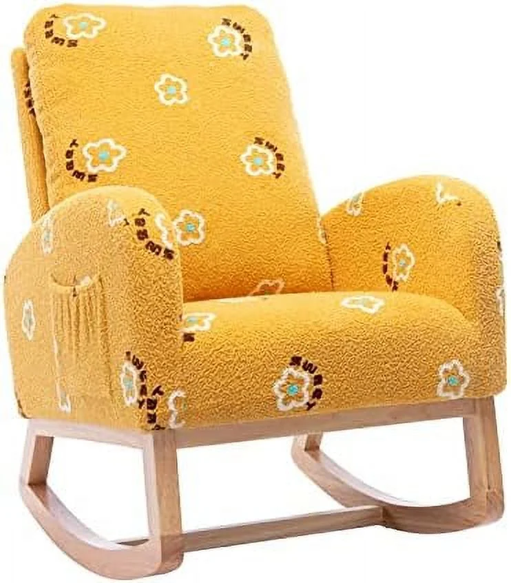 TJUNBOLIFE Rocking Chair for Nursery  Midcentury Modern Velvet Accent Rocker Armchair with Side Pocket  Upholstered High Back Wooden Rocking Chair for Living Room Baby Room Bedroom  Beige