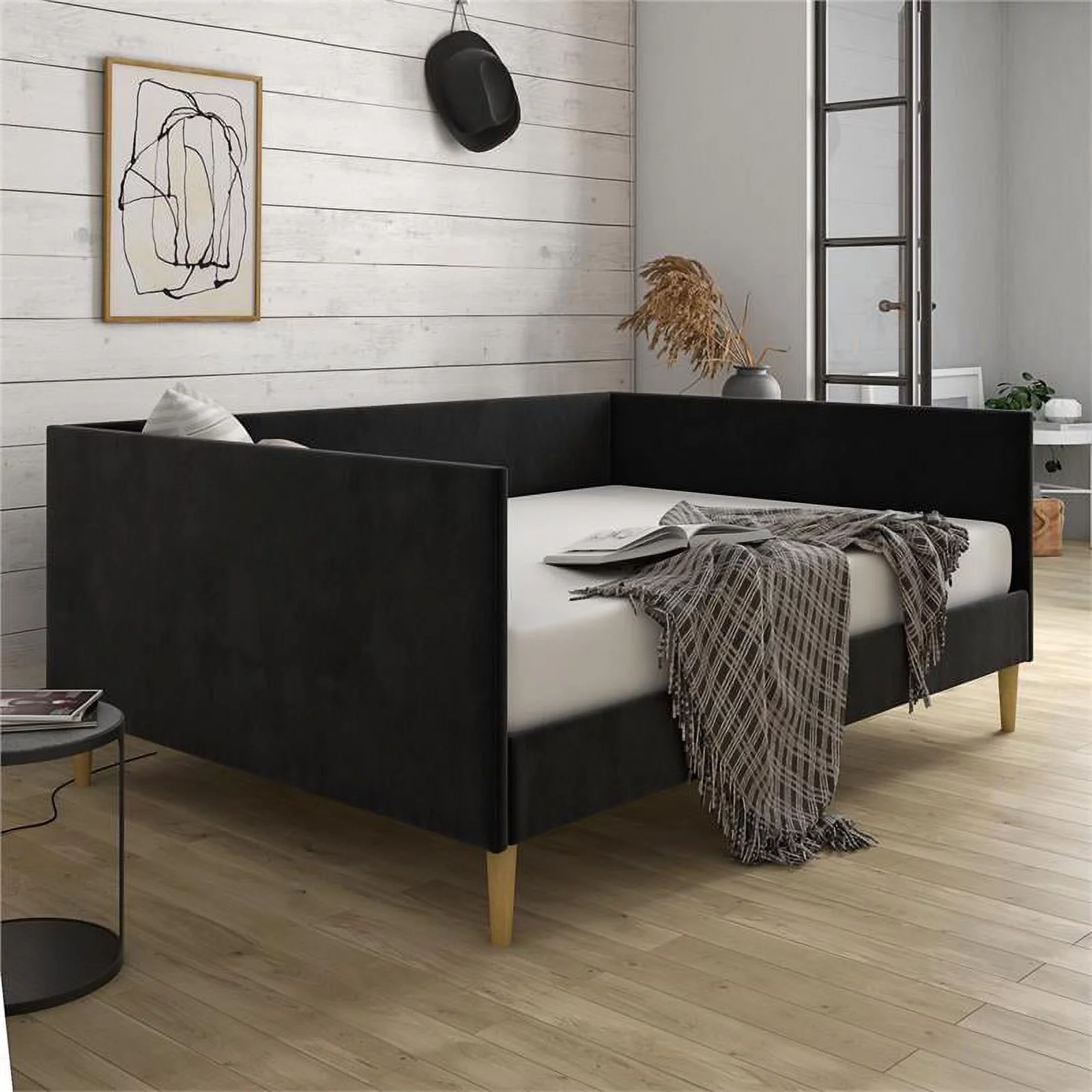 DHP Franklin Mid Century Upholstered Daybed Full Size in Black Velvet