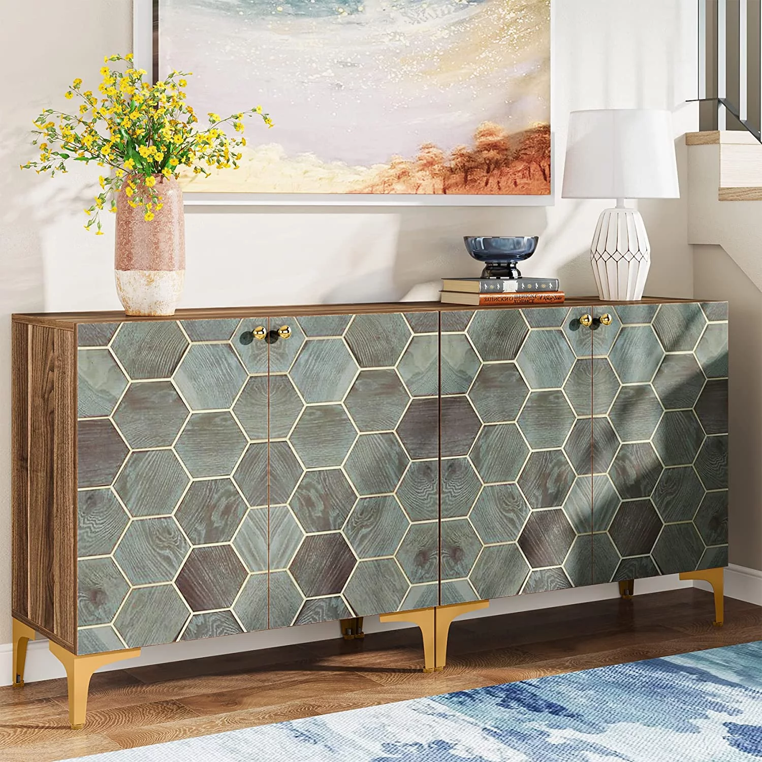 Tribesigns 63 Inches Storage Cabinet, Modern Hexagon Colorful Pattern Display Cabinet, Buffet Sideboard with 4 Doors and Storage Shelves for Home, 63