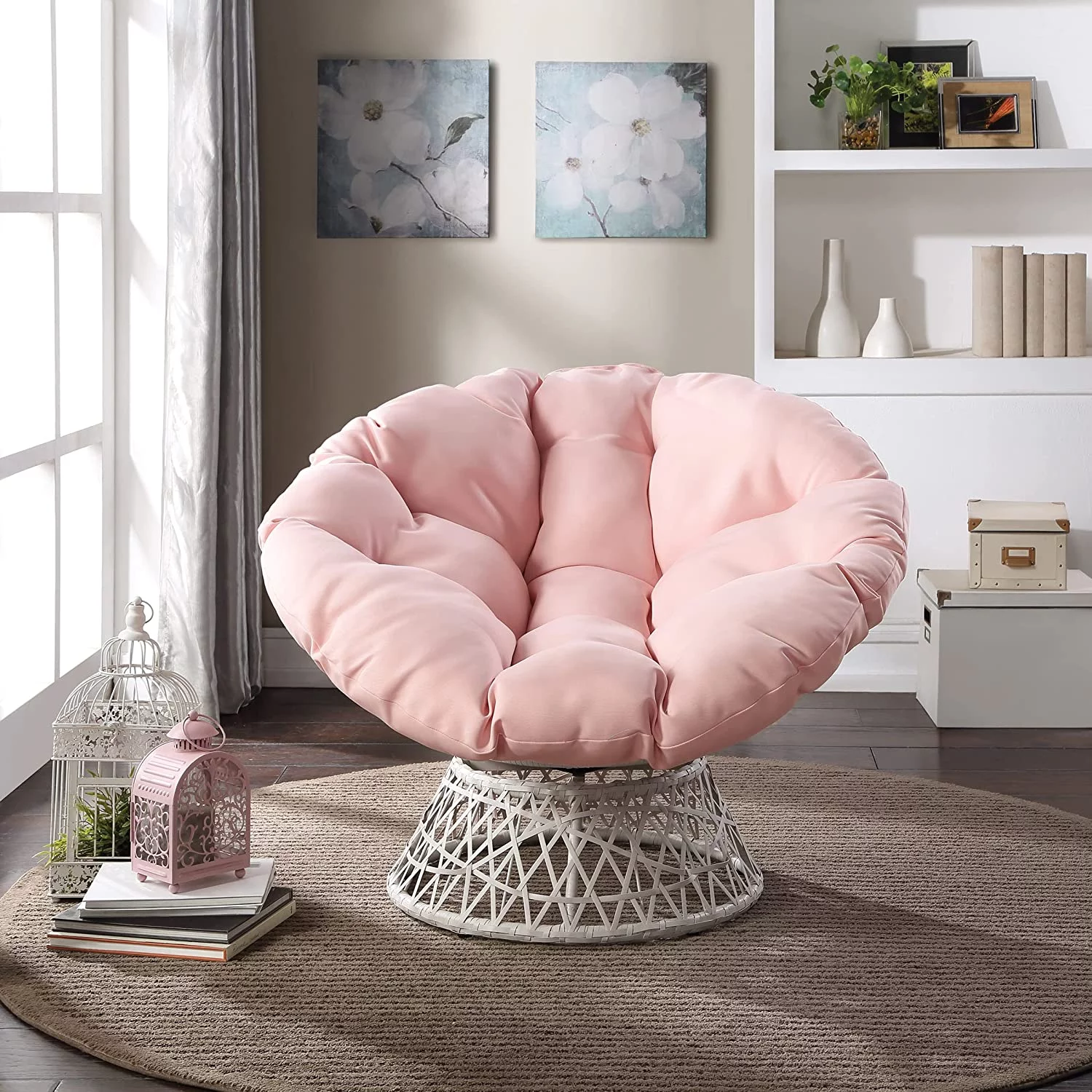 HYUN Wicker Papasan Chair with 360-Degree Swivel, Cream Frame with Pink Cushion