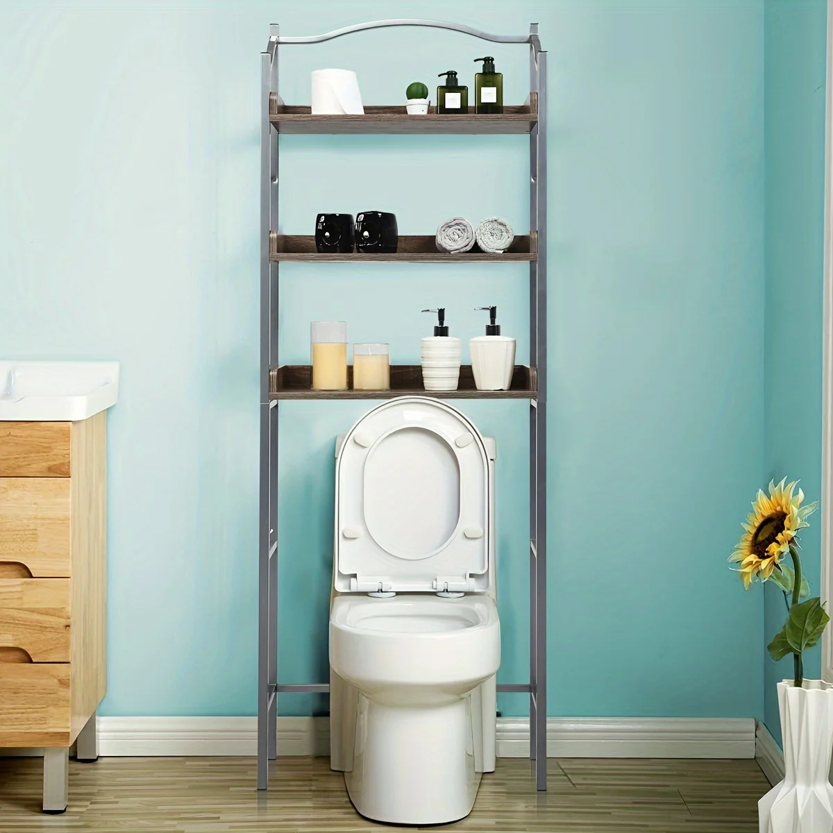 Over The Toilet Storage Rack 3 Tier Over Toilet Bathroom Organizer Wooden Behind The Toilet Storage Standing Shelf with 4 Hooks and Toilet Paper Holder, Space Save