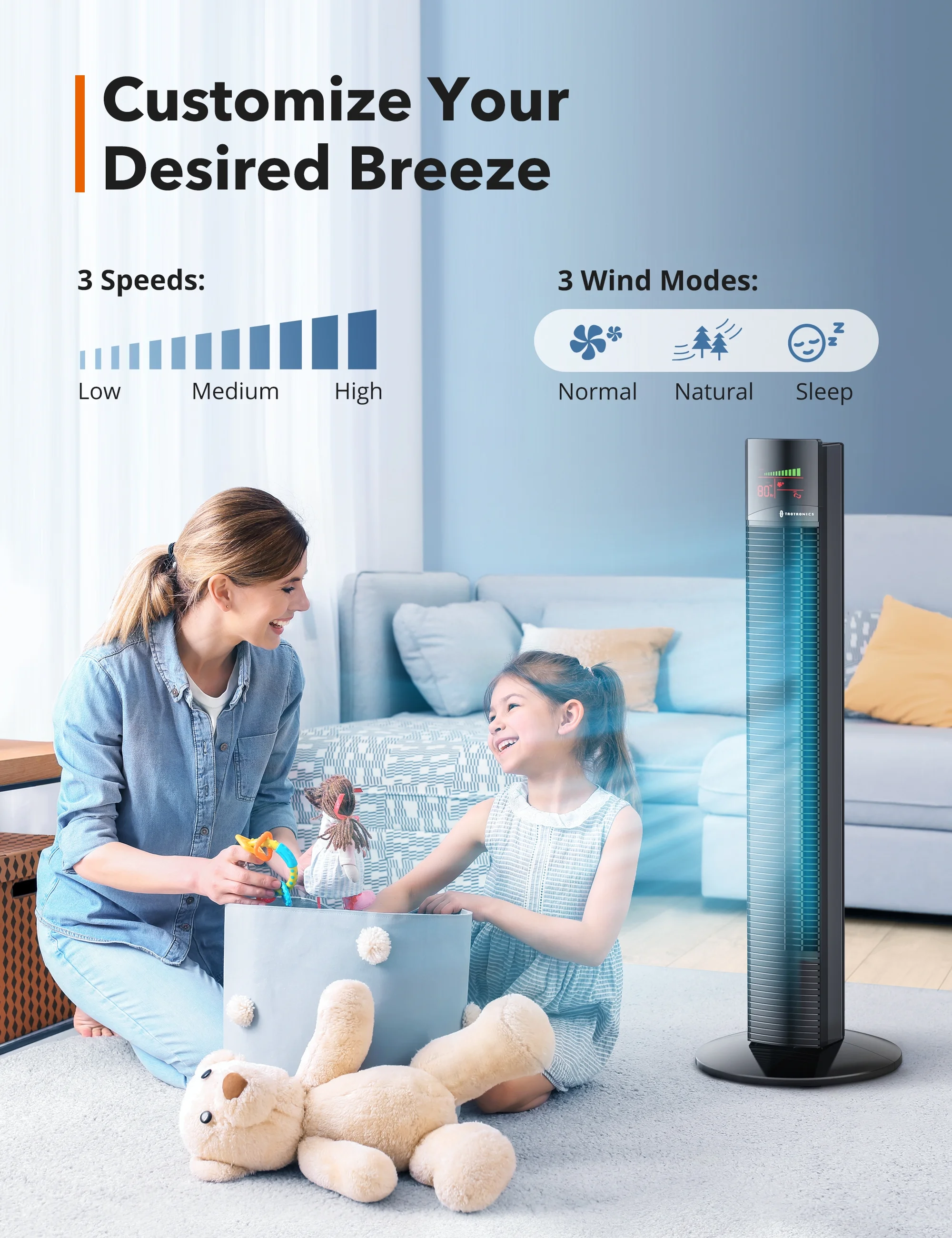 Tower Fan for Bedroom, Paris Rhone 44” Standing Fan, 70° Oscillating Fan, 3 Speeds, 3 Modes, 12-Hour Timer, LED Display, Fan for Office Home