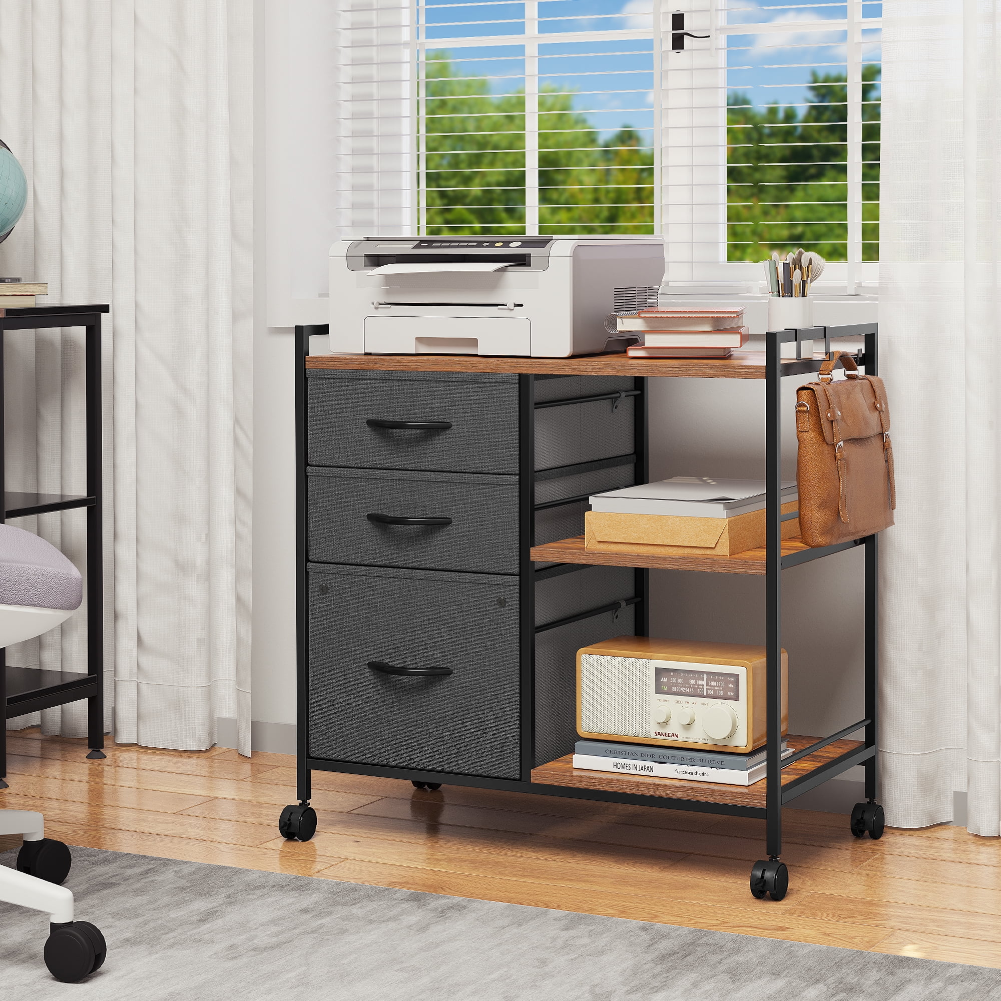 Dextrus 3 Drawer Mobile File Cabinet, Rolling Printer Stand with Open Storage Shelf and Hook, Lateral Fabric Filing Cabinet for Home Office, Fits A4/Letter Size (Dark Grey)