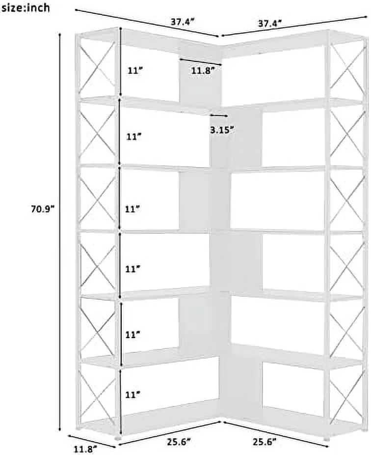 TJUNBOLIFE 7-Tier Corner Bookshelves  L-Shaped Modern Display Bookcase  Tall Standing  Book  with Metal Frame for Living Room Bedroom Office  White
