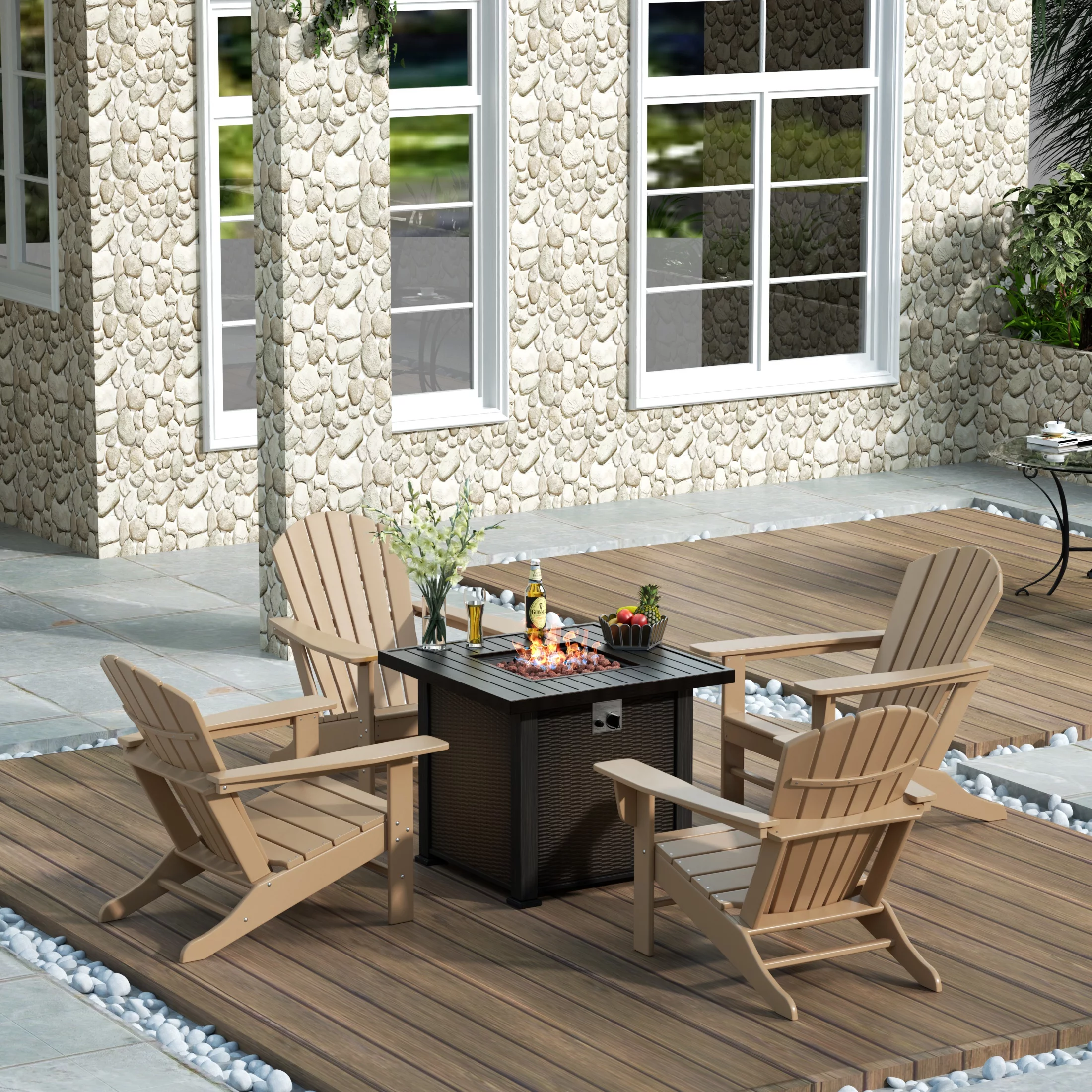 WestinTrends 5-Pieces Adirondack Patio Chairs w/ Square Fire Pit Table Set Included, Weathered Wood