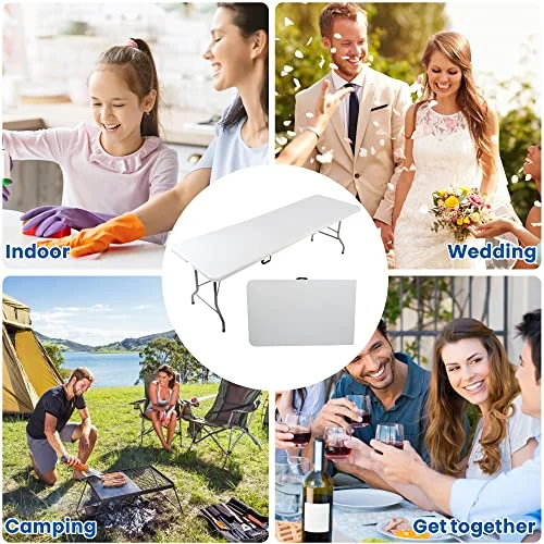 8ft White Folding Portable Table 96'' Fold-in-Half Utility Table w/Handle and Steel Legs for Kitchen, Picnic, Party, Dining, Camping, Wedding Indoor Outdoor Table