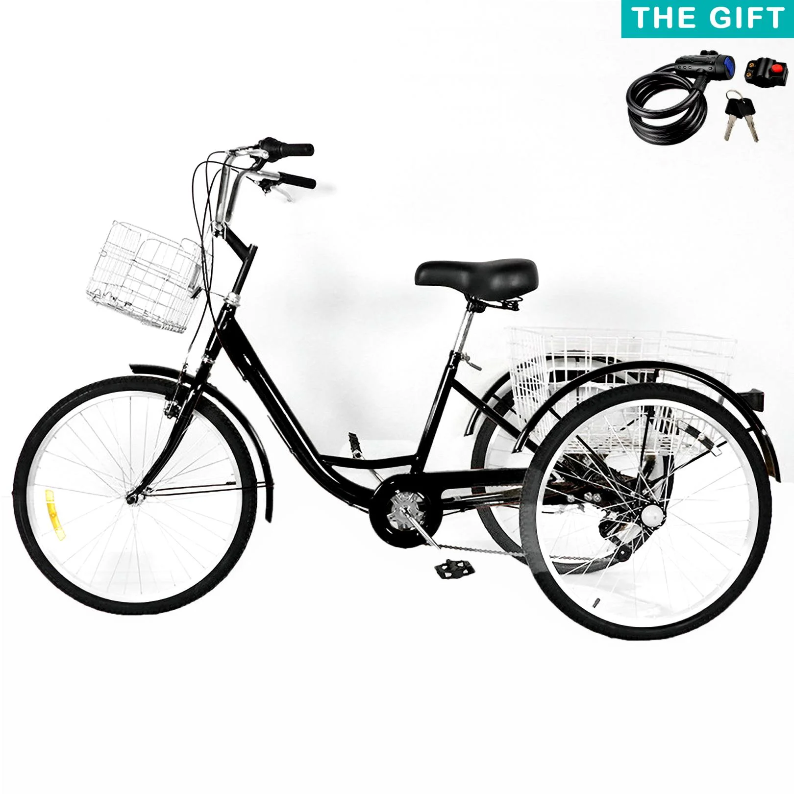 Dinling 7 Speed Adult Tricycle, 26-Inch 3 Wheels Bike, Low Step-Through Frame, Large Cruiser Seat, Front and Rear Basket, Black