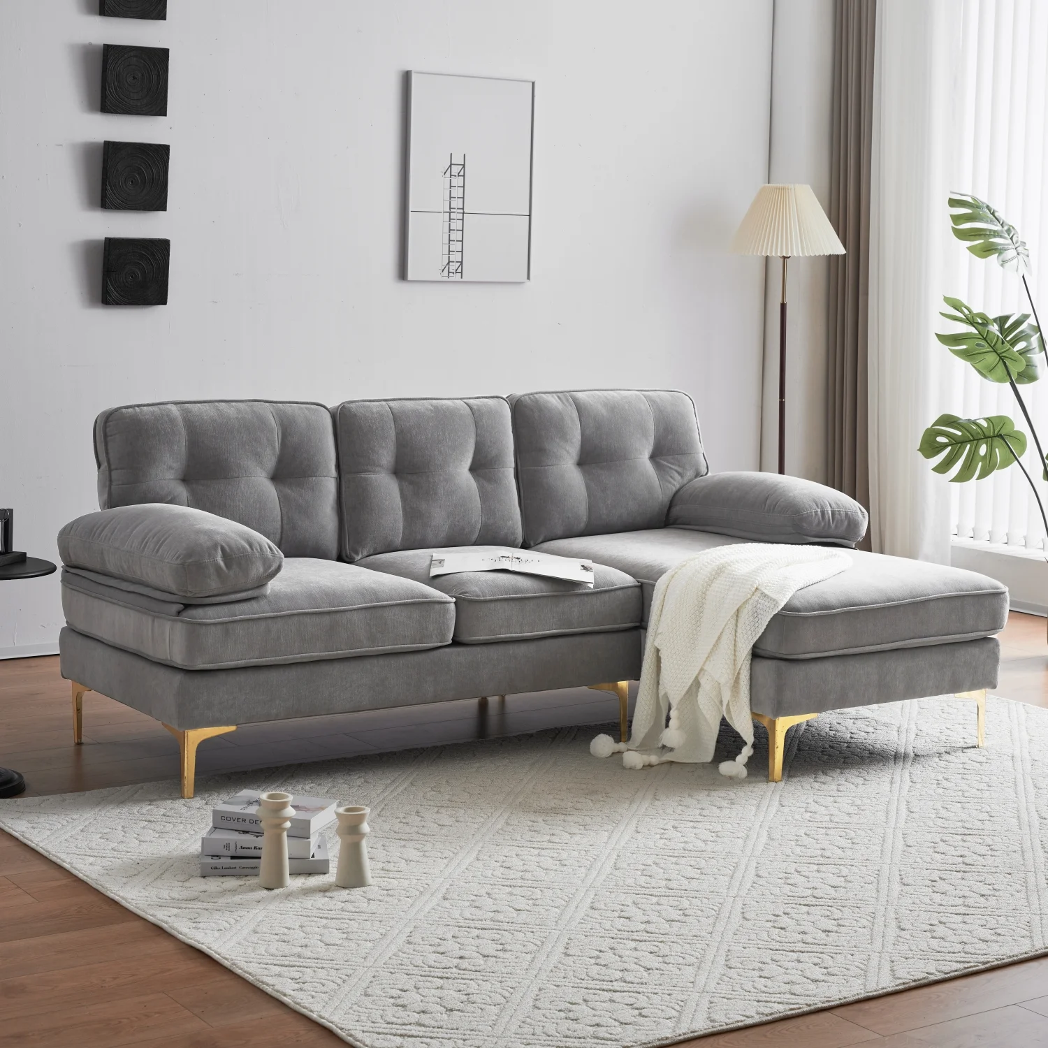 Elegant and Luxurious Modern Light Grey Velvet L-Shaped Sectional Sofas Couches - Perfect Addition to Your Living Room and Bedroom - 83 Inches in Length