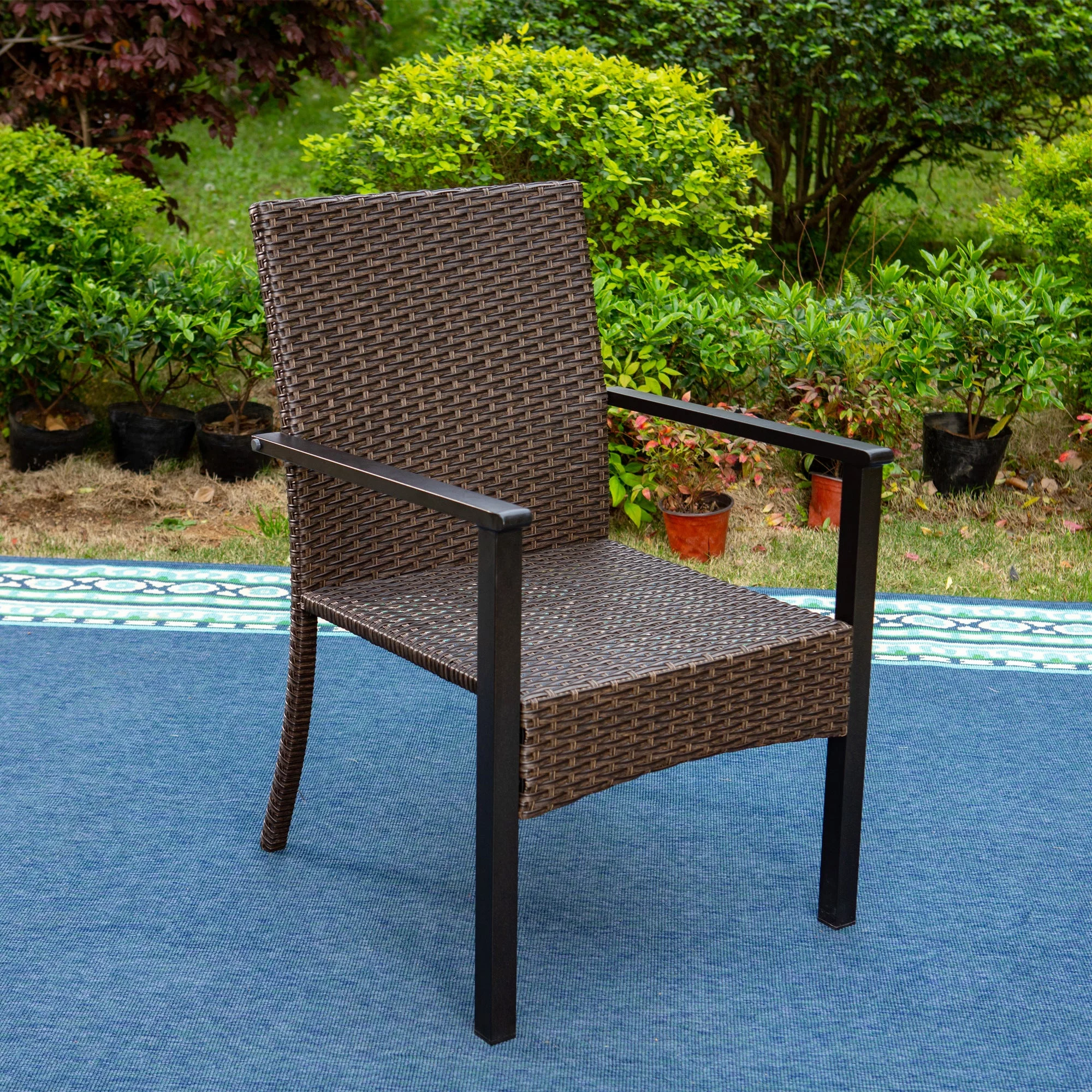 MF Studio 6-Piece Patio Dining Set with Acacia Wood Table&Bench, 4 Cushioned Wicker Chairs, Black&Brown