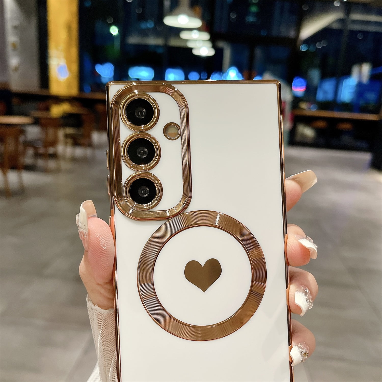 SaniMore Square Case for Samsung Galaxy S23 Ultra 5G 2023 with MagSafe, Luxury Plating Cute Heart Full Camera Lens Protection Magnetic Shockproof Bumper Back Cover for Women Girls, White